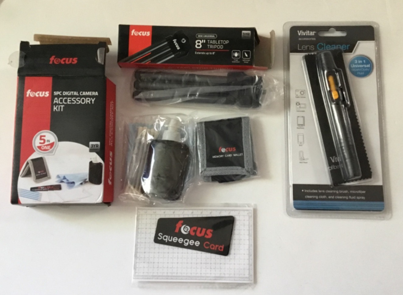 Focus 5 Piece Digital Camera Accessory Kit, Tabletop Tripod, Lens , Lens Cleane