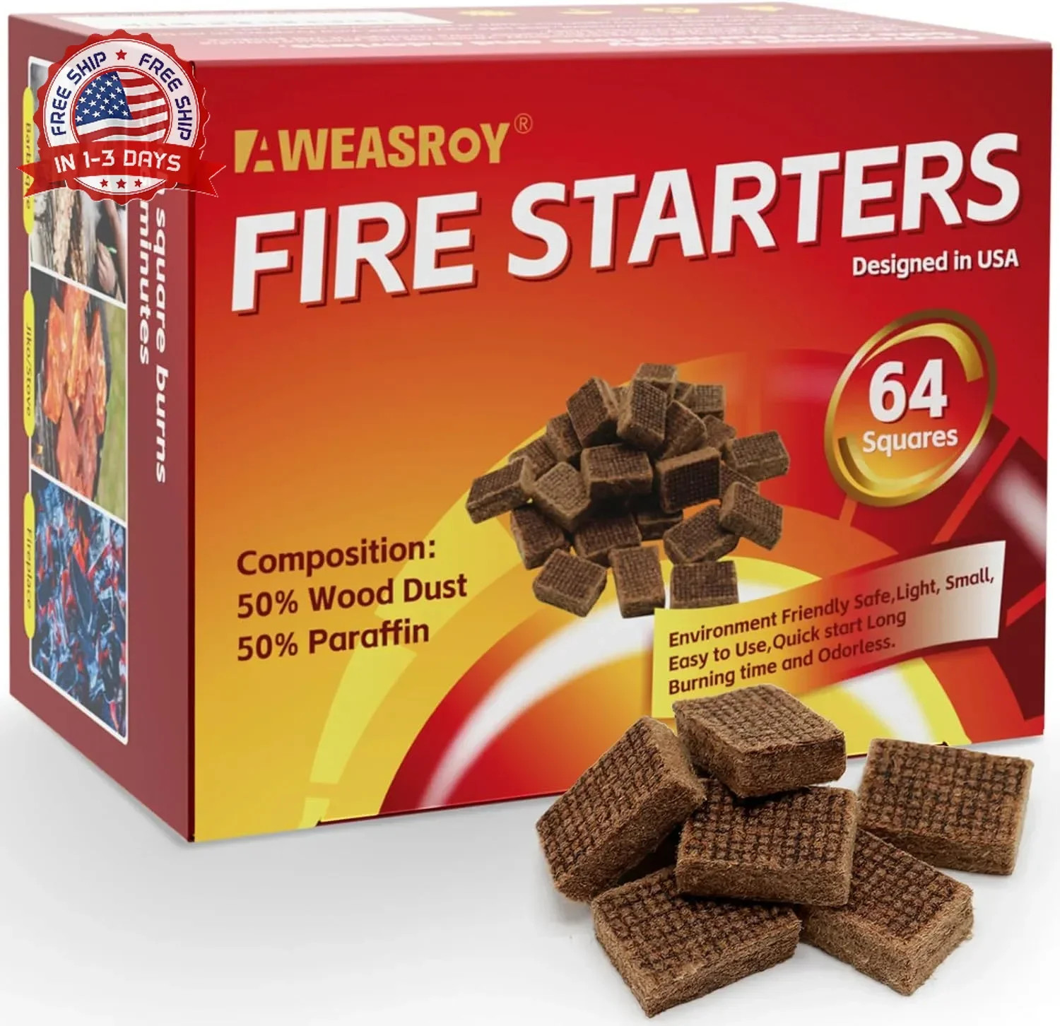 Fire Starter Squares 64 - Fire Starters for Fireplace,Chimney,BBQ Grill,Camping