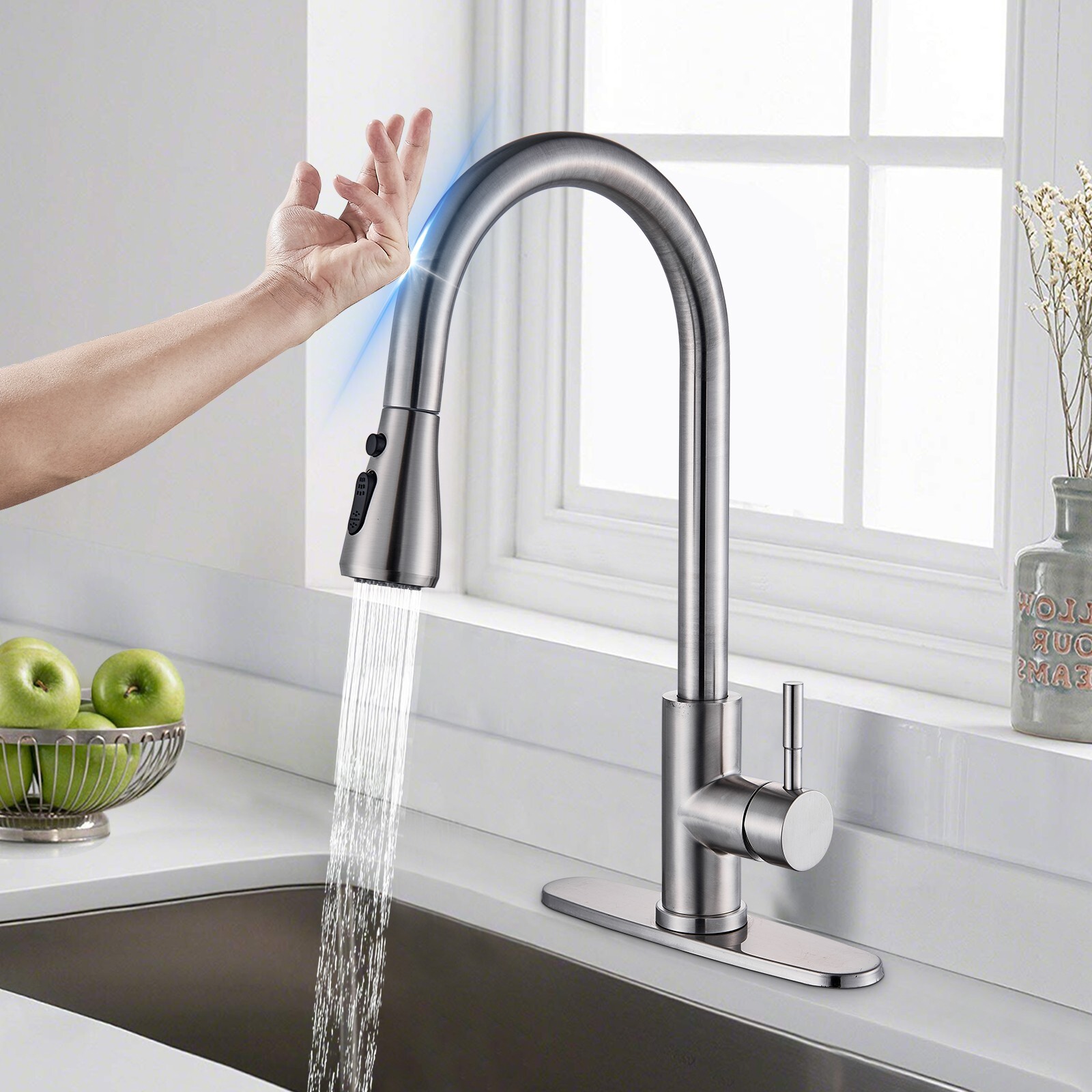 Touch Kitchen Faucet Sink Pull Out Sprayer Smart Touch Activated Brushed Nickel