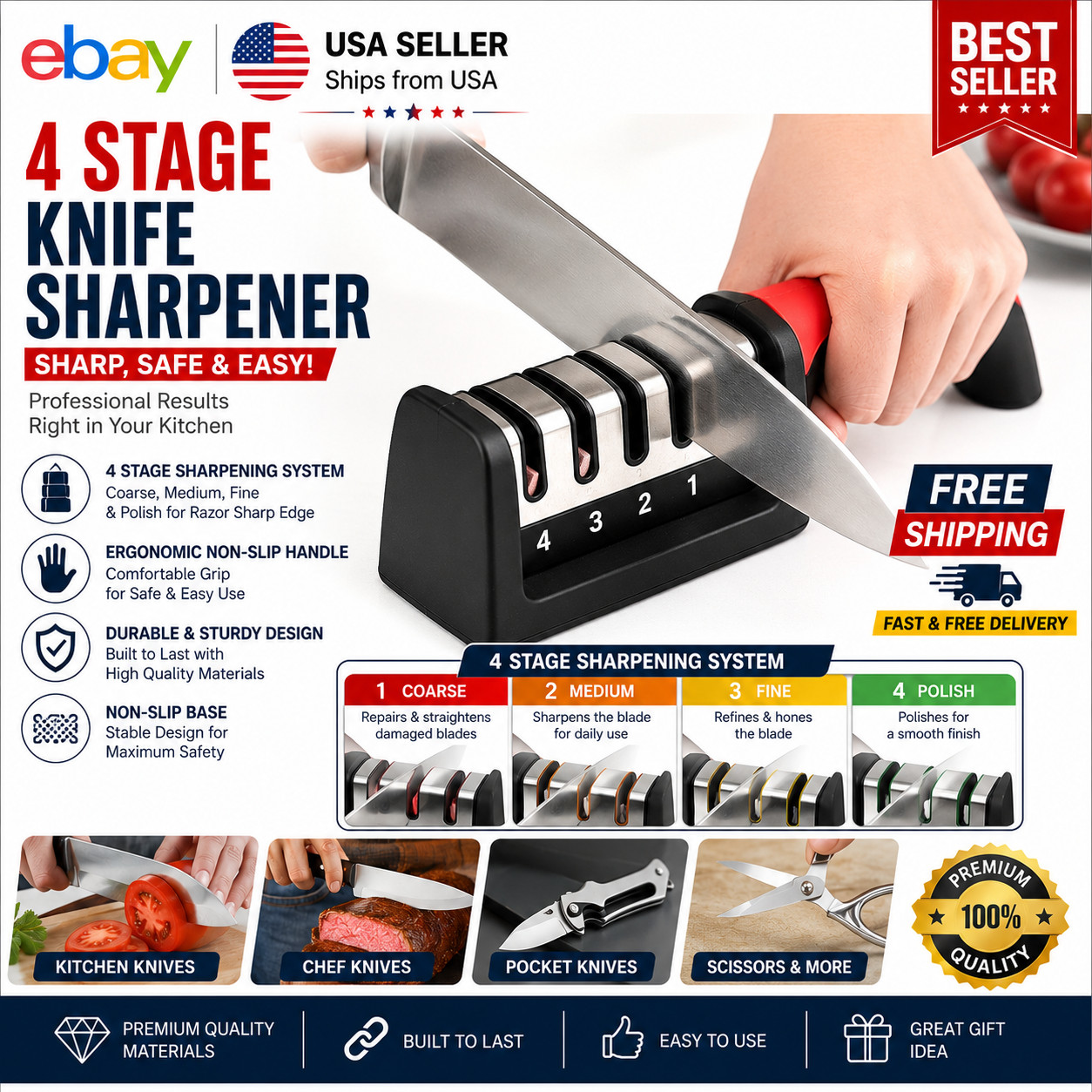 Knife Sharpener Professional Ceramic Tungsten Kitchen Sharpening System 4 Stage