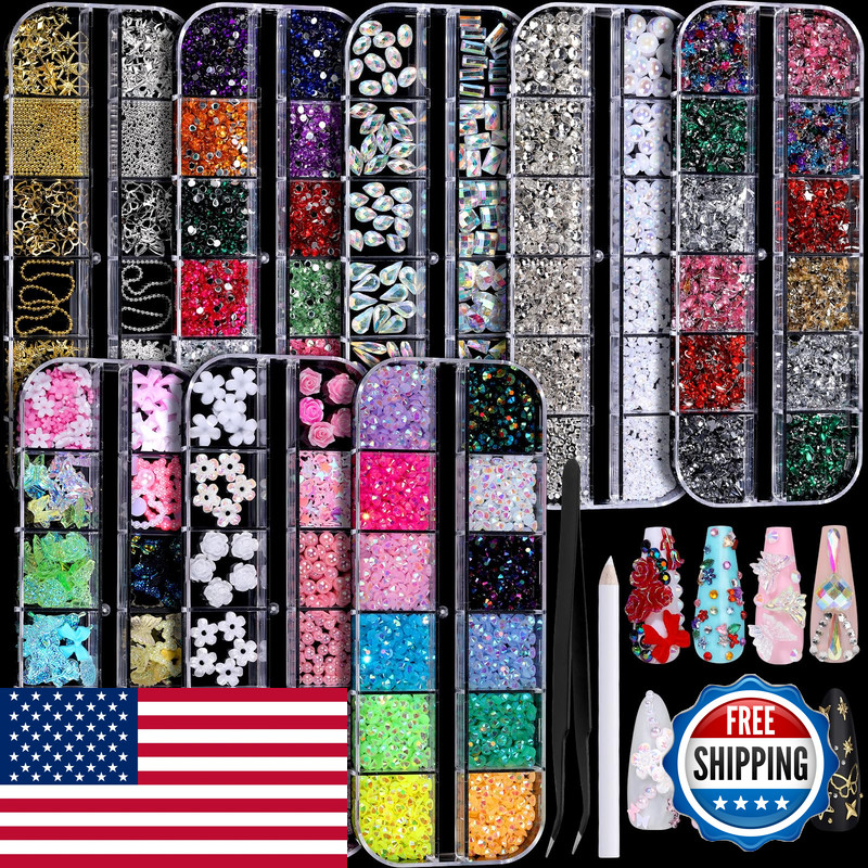 Fandamei Nail Charms Nail Rhinestones Kit 8 Boxes Of Nail Gems 3D Charms For