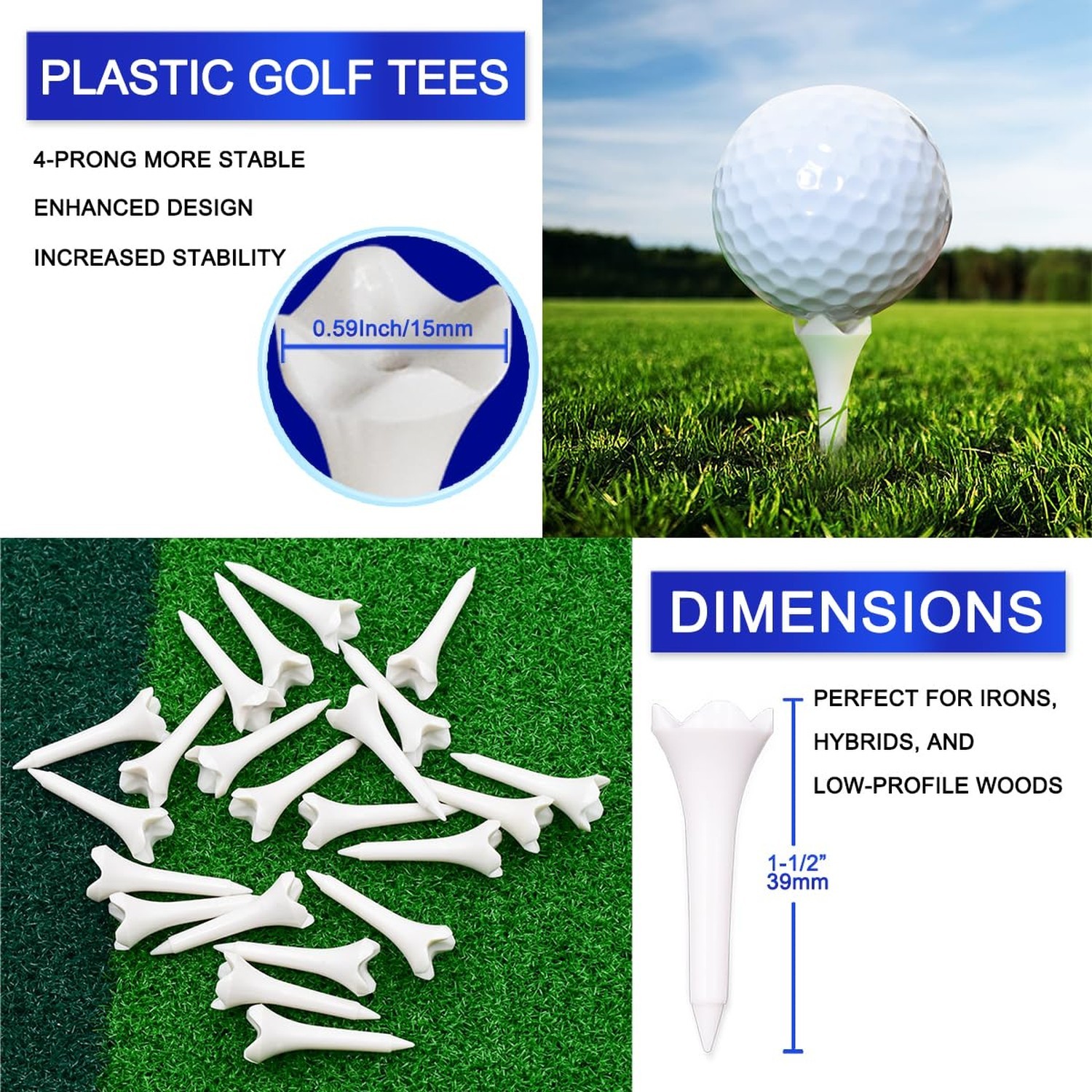 1 1/2'' Plastic Golf Tees – Short Tees for Irons, Par Threes, Hybrids, and