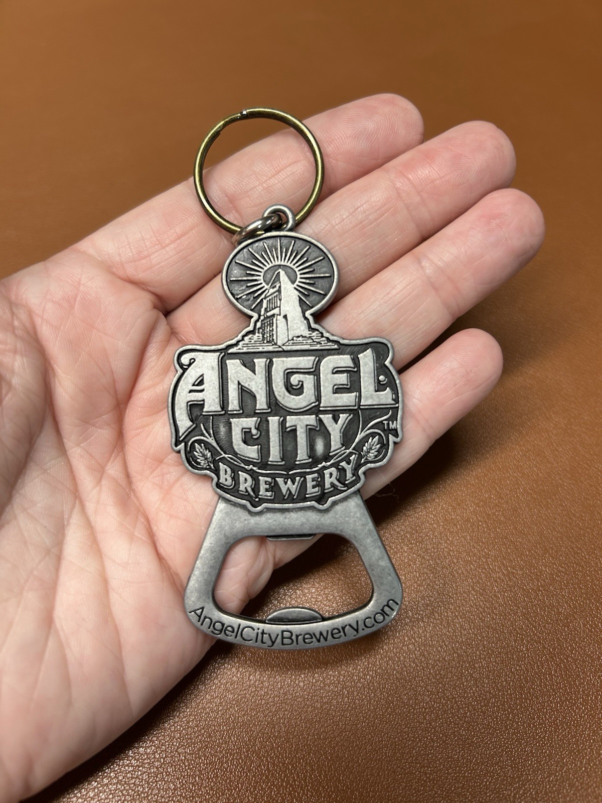 Vintage Angel City Brewery Bottle Opener Key Chain Silver Tone