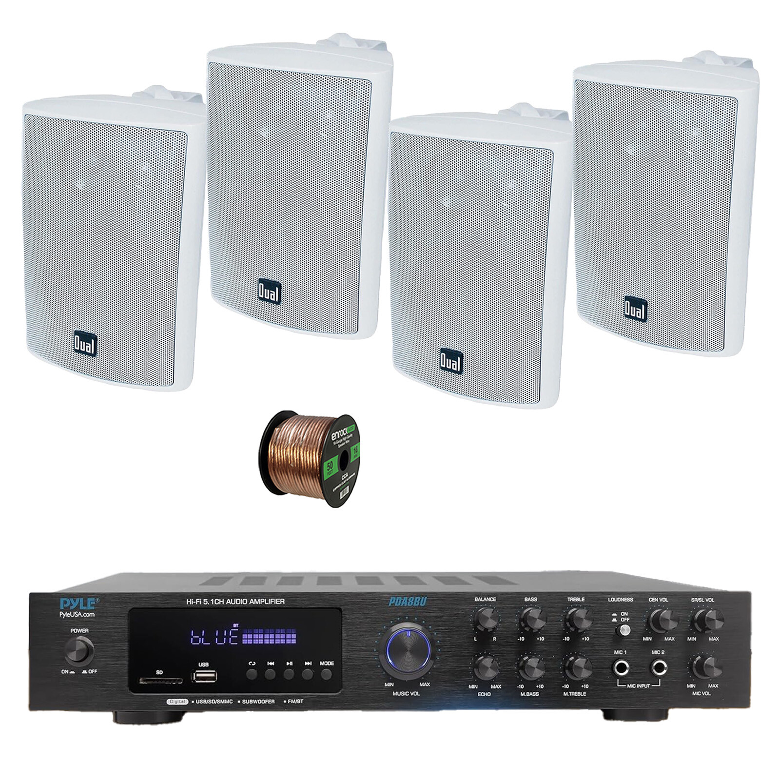 Pyle PDA8BU 5.1 Channel Home Audio Bluetooth Receiver, 4x 4" White Speakers,Wire