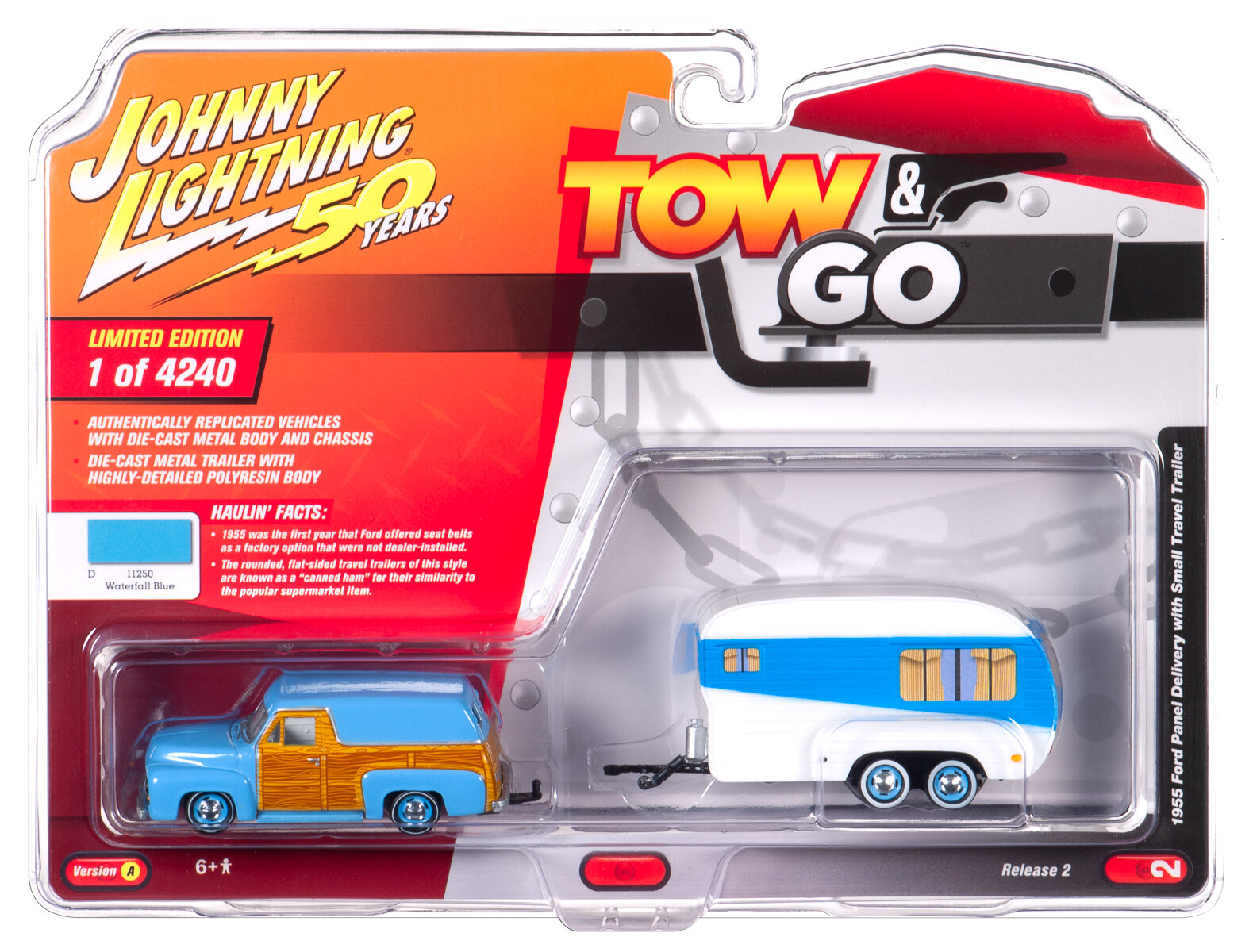 Johnny Lightning *TOW & GO 2A* BLUE 1955 Ford Panel with Camper Trailer NIP!