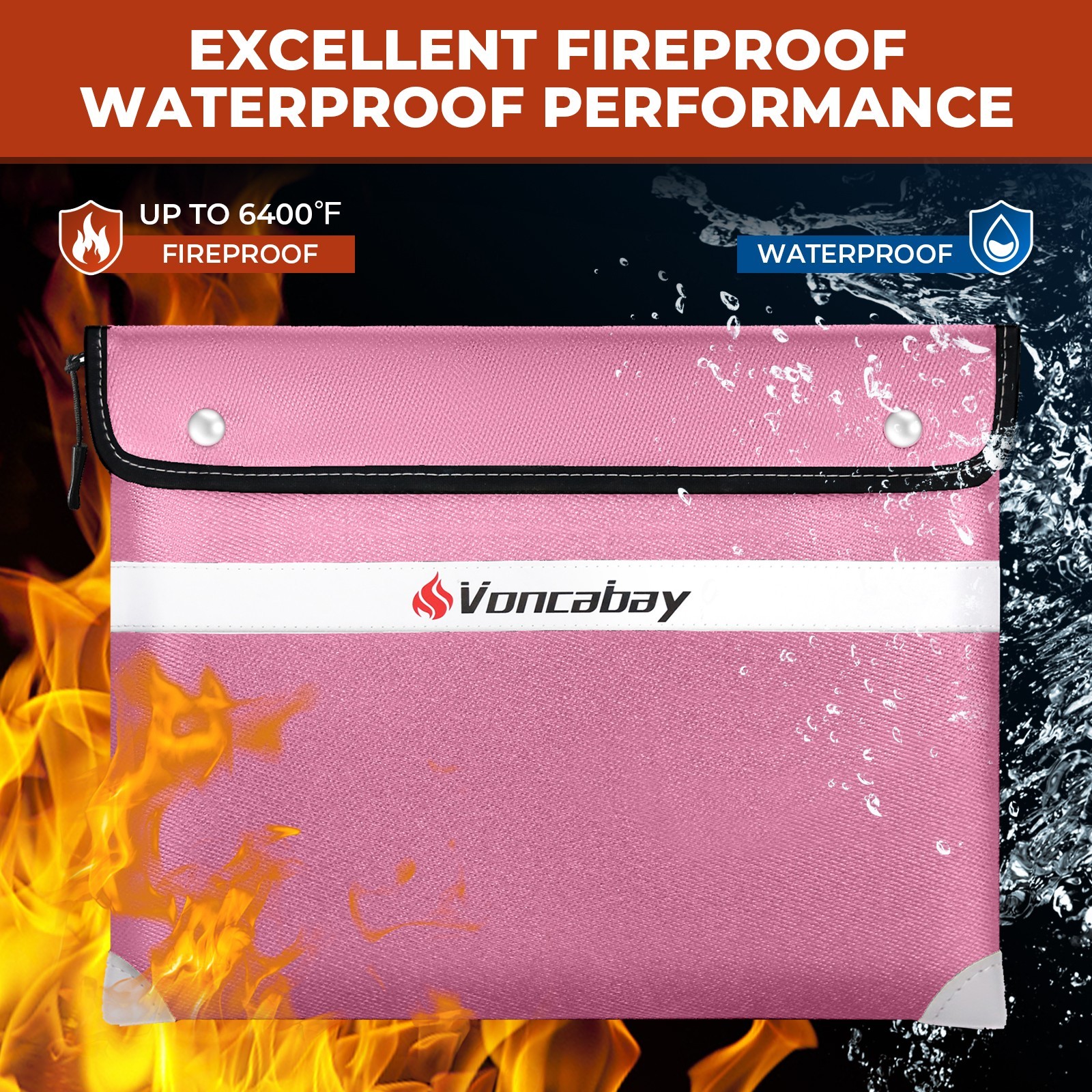 6400℉ Fireproof Document Bag Pink Waterproof Reflective Strip 14.2"x11" Safe
