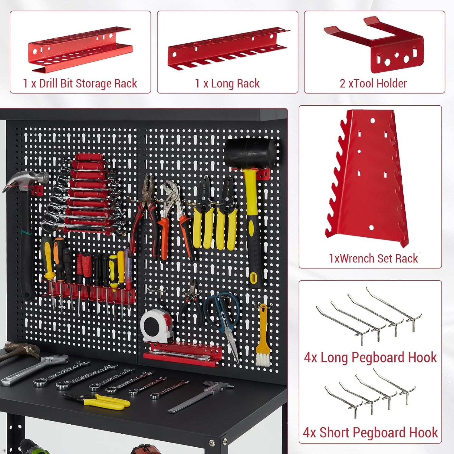 Workbench with Pegboard 32" Tool Organizer Metal Work Table Shelves Tool Holders