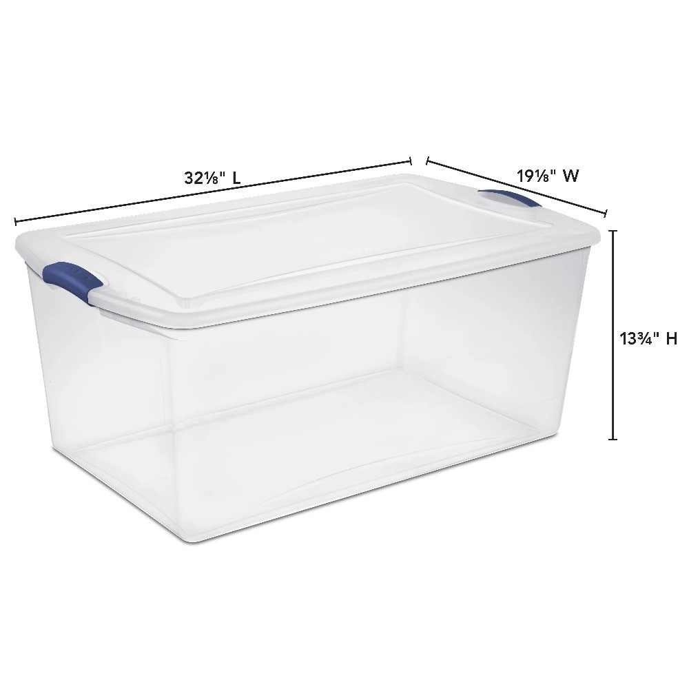 Clear Plastic Storage Bin with Blue Latching Lid 105 Quart Latch Box Container