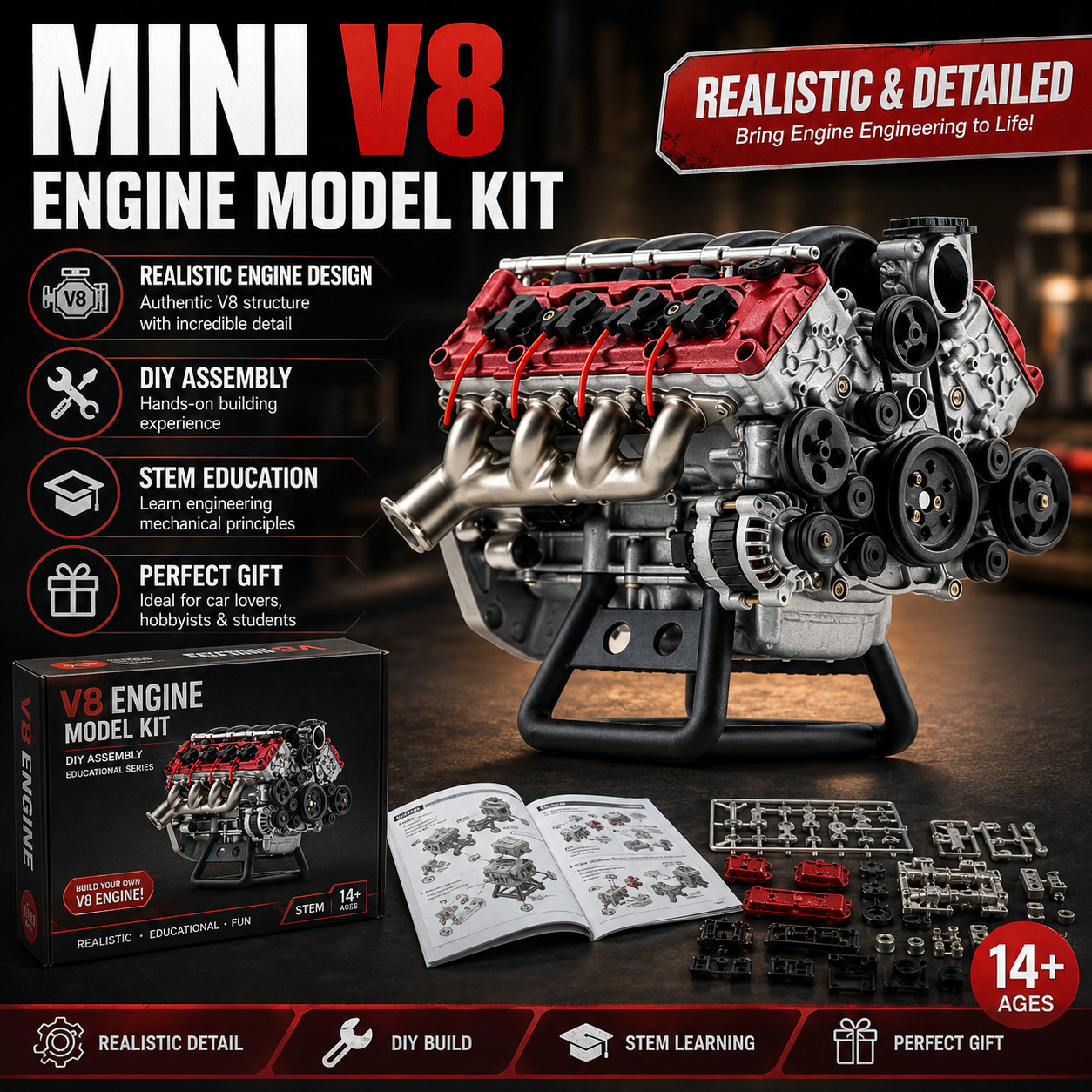 V8 Engine Model Kit DIY Assembly Motor Model Toy STEM Educational Gift