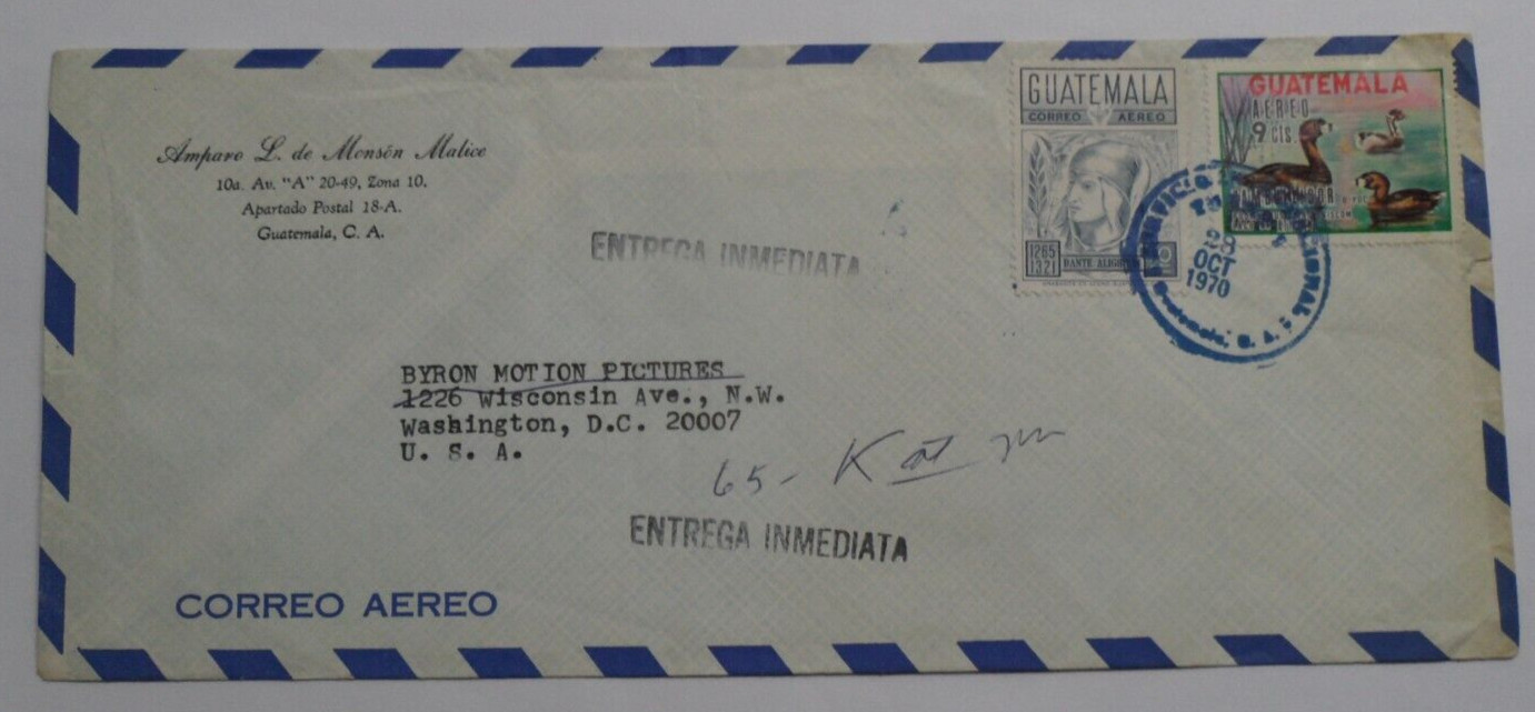 STAMPMART : GUATEMALA 1970 ENTREGA INMEDIATA DUCK STAMP COVER USED TO USA