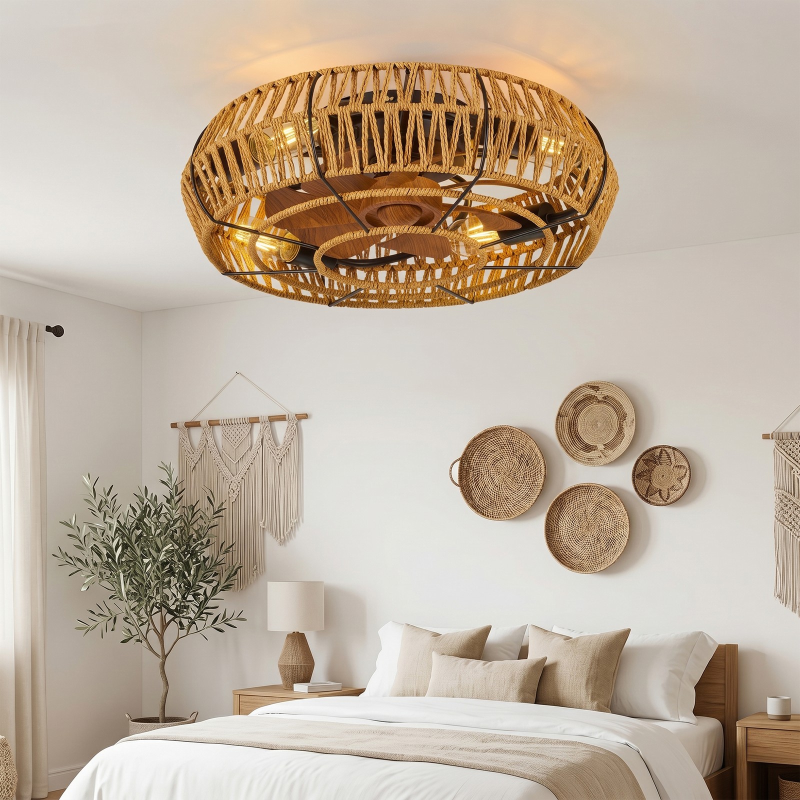 19" Boho Rattan Flush Mount Ceiling Fan Light Caged Lamp Fixture Kit with Remote