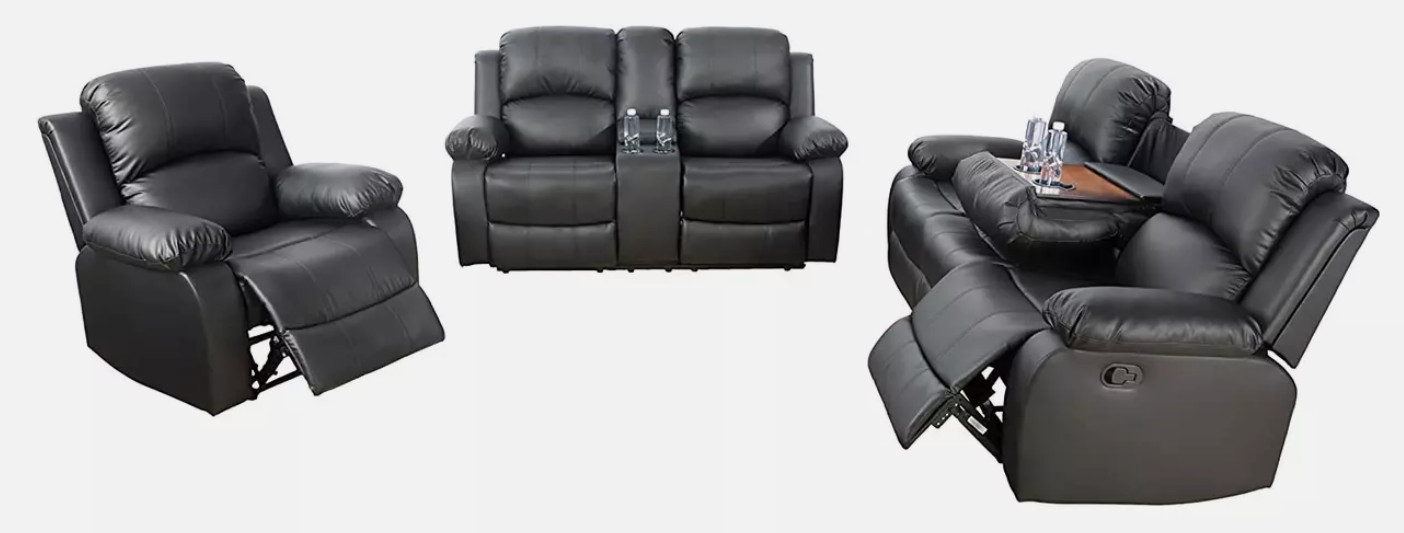 NEW 3PC Sofa Loveseat Chair Black Leather Living Room 5-Seater Recliners Set