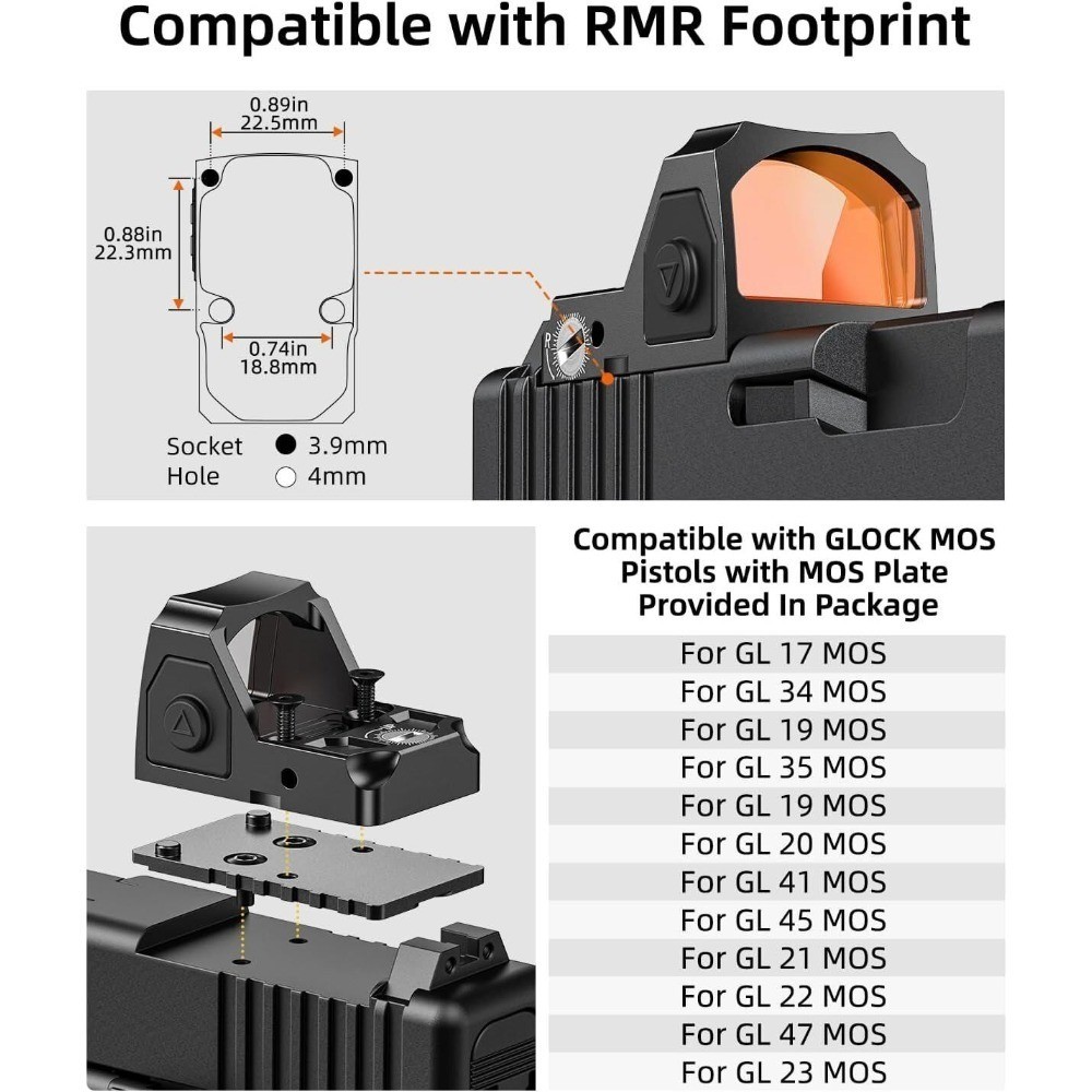 Compact Red Dot Sight Motion Awake 2 MOA Optic for RMR MOS Picatinny Pistol