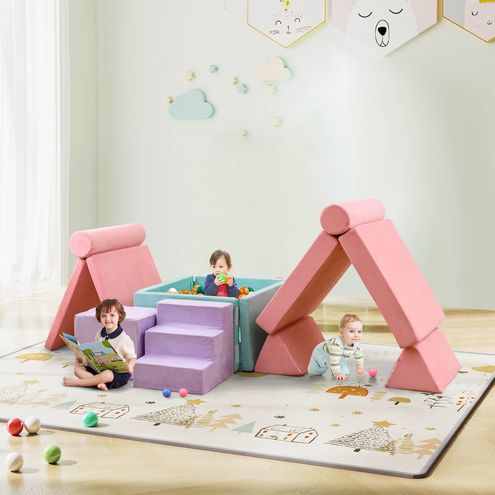 8 Pcs Kids Play Couch Convertible Sectional Floor Sofa w/Removable Suede Cover
