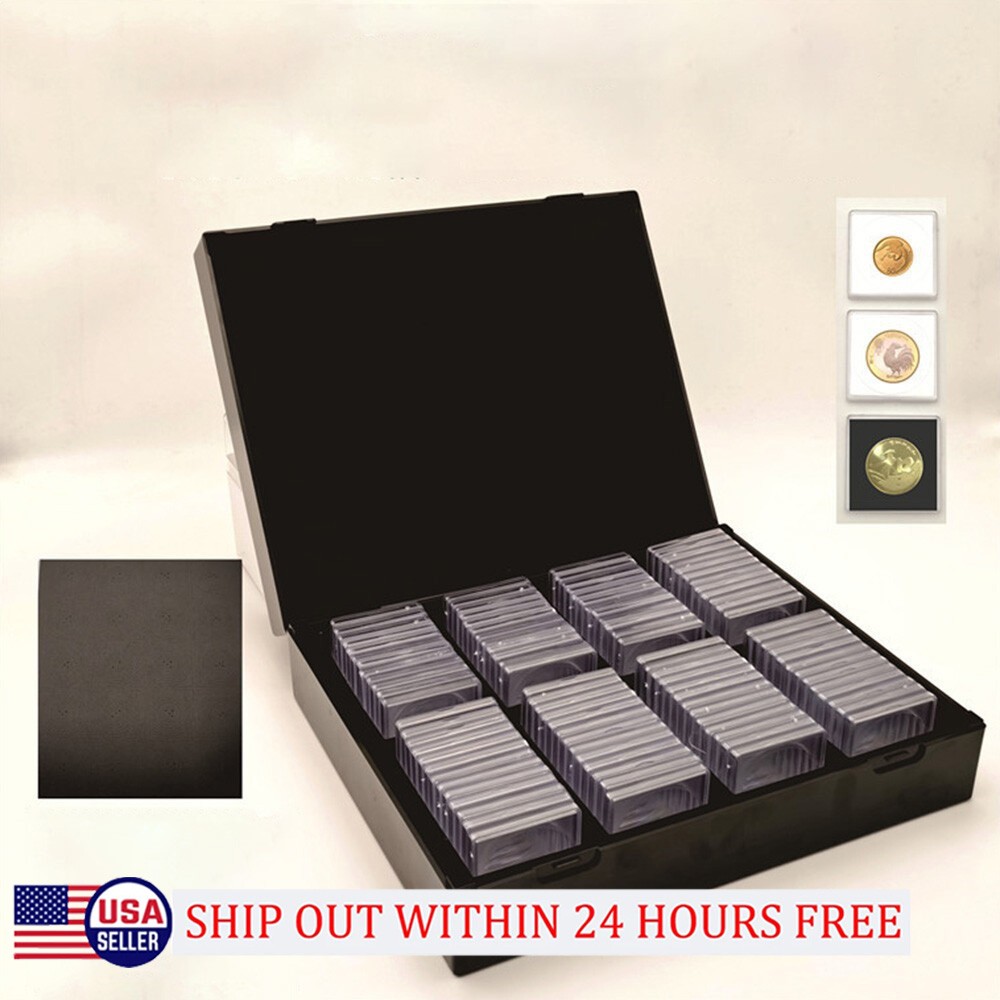 100Pcs Square Clear Coin Capsule Box W/ Inner Pads Collection Case Container