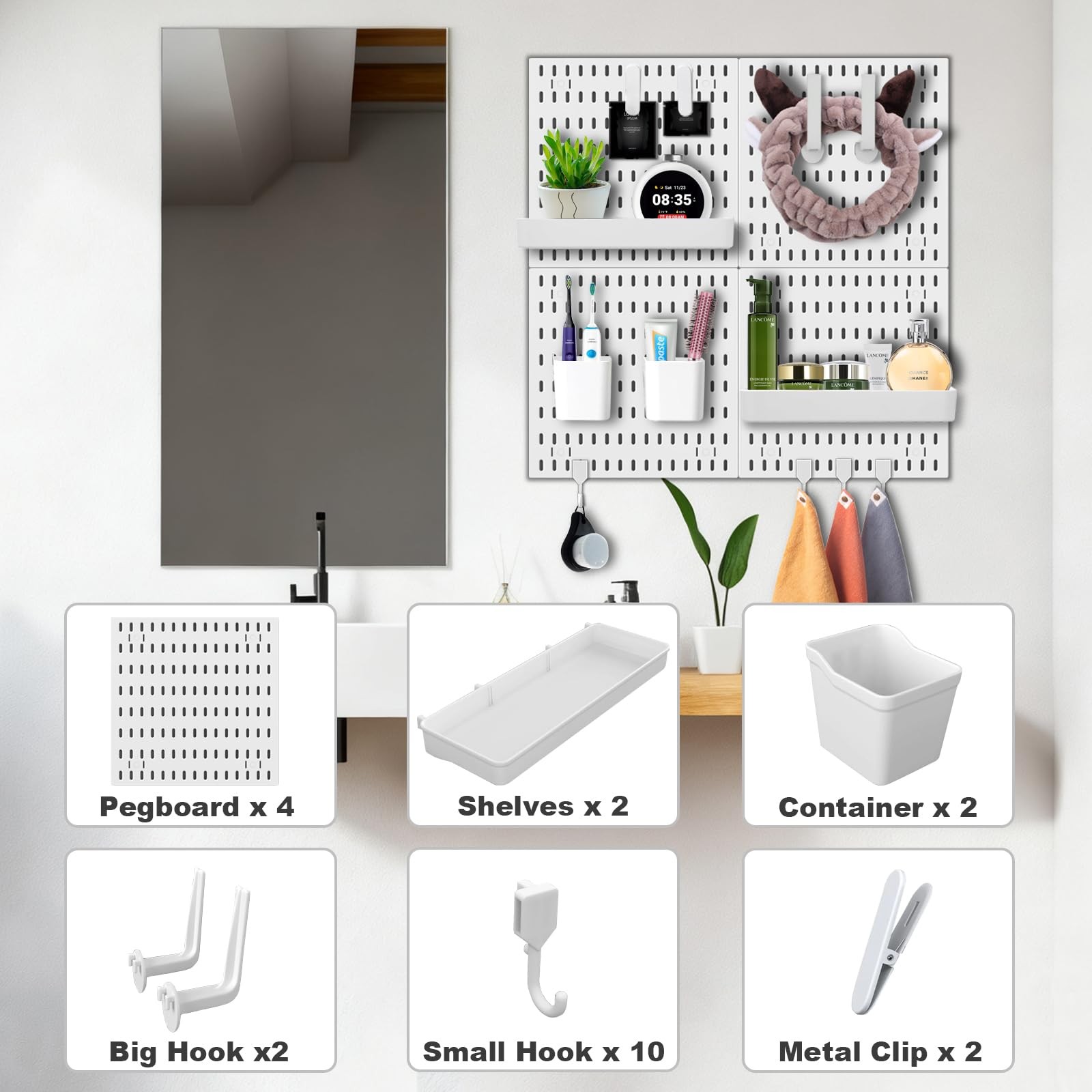 4 PCS Plastic Wall Organizer Pegboard Panel 23.6 Inch 18 Accessories White