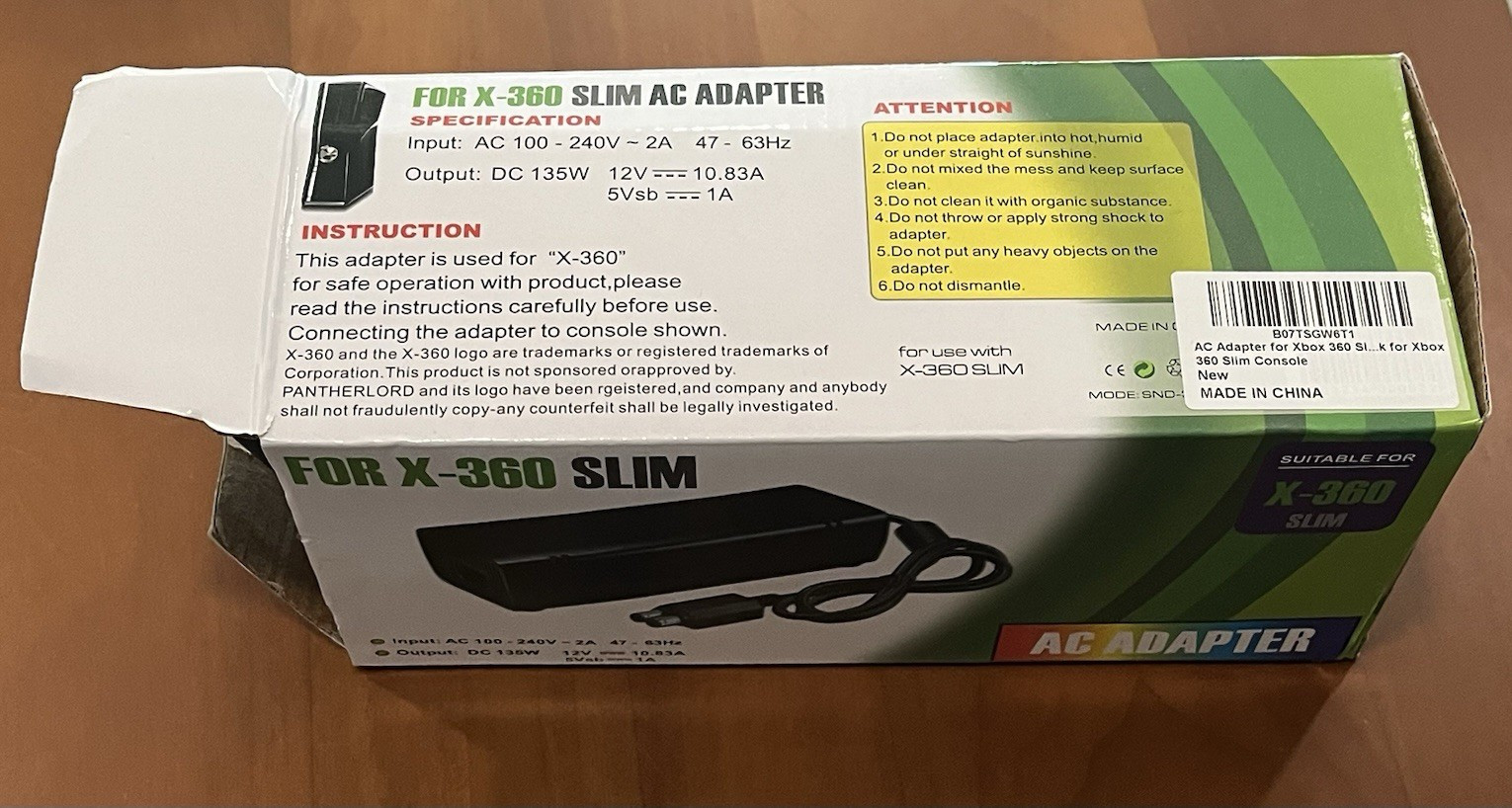 Xbox 360 Slim Wired AC Adapter Power Supply w/ Power Cord Black. NEVER USED.