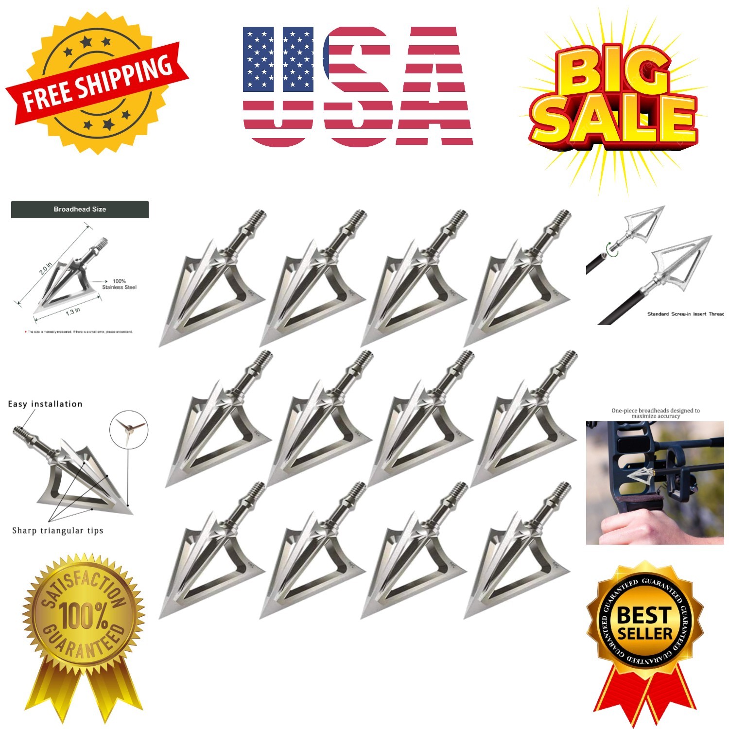 Archery Broadheads 100/125 Grain Fixed Blades Stainless Steel Hunting Broadhe...
