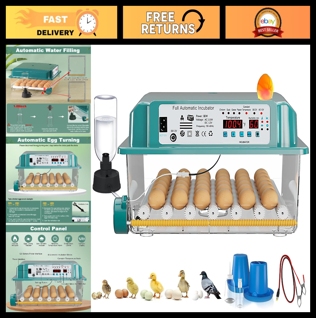 36 Egg Incubator for Hatching, Automatic Turning, Humidity Display, Quail & Chic