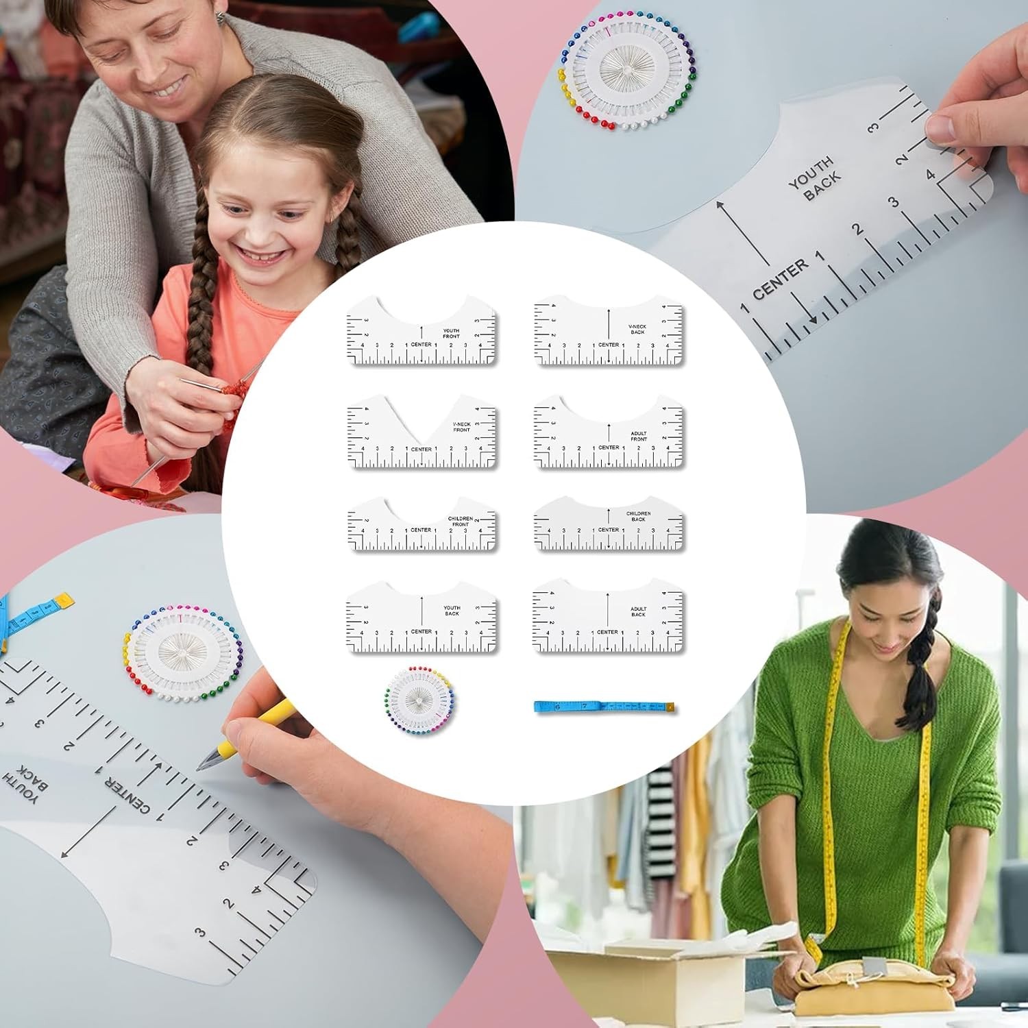 Tshirt Ruler Guide Vinyl Alignment, Transparent V-Neck/Round PVC Ruler for Align