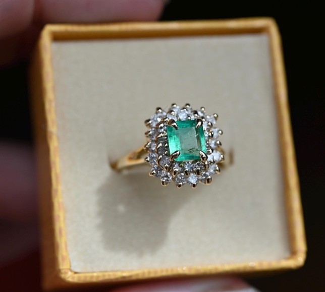 14K Solid Gold Emerald Diamond Halo Cluster Engagement Ring