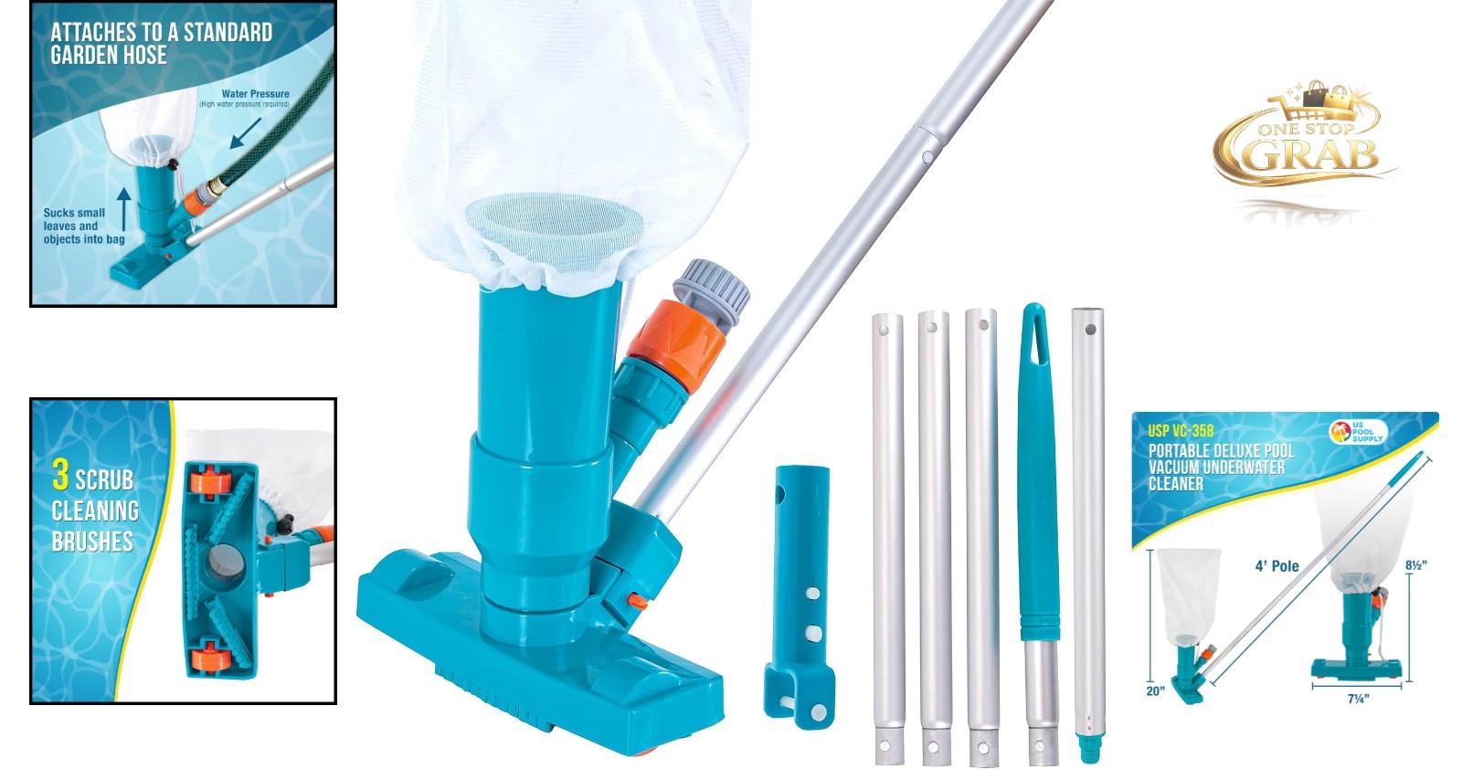 Manual Pool Vacuum Cleaner 5-Section Telescopic Pole Mesh Bag for Pools