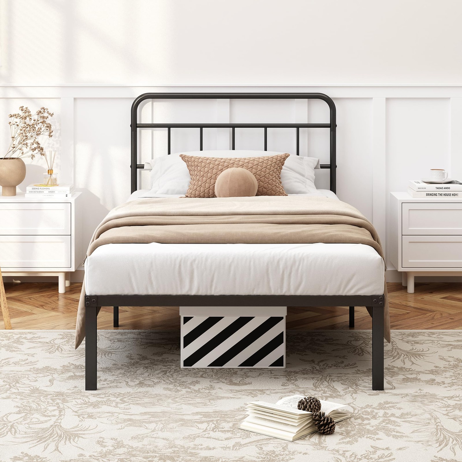 Twin Size Metal Bed Frame with Headboard, Platform Base, Black