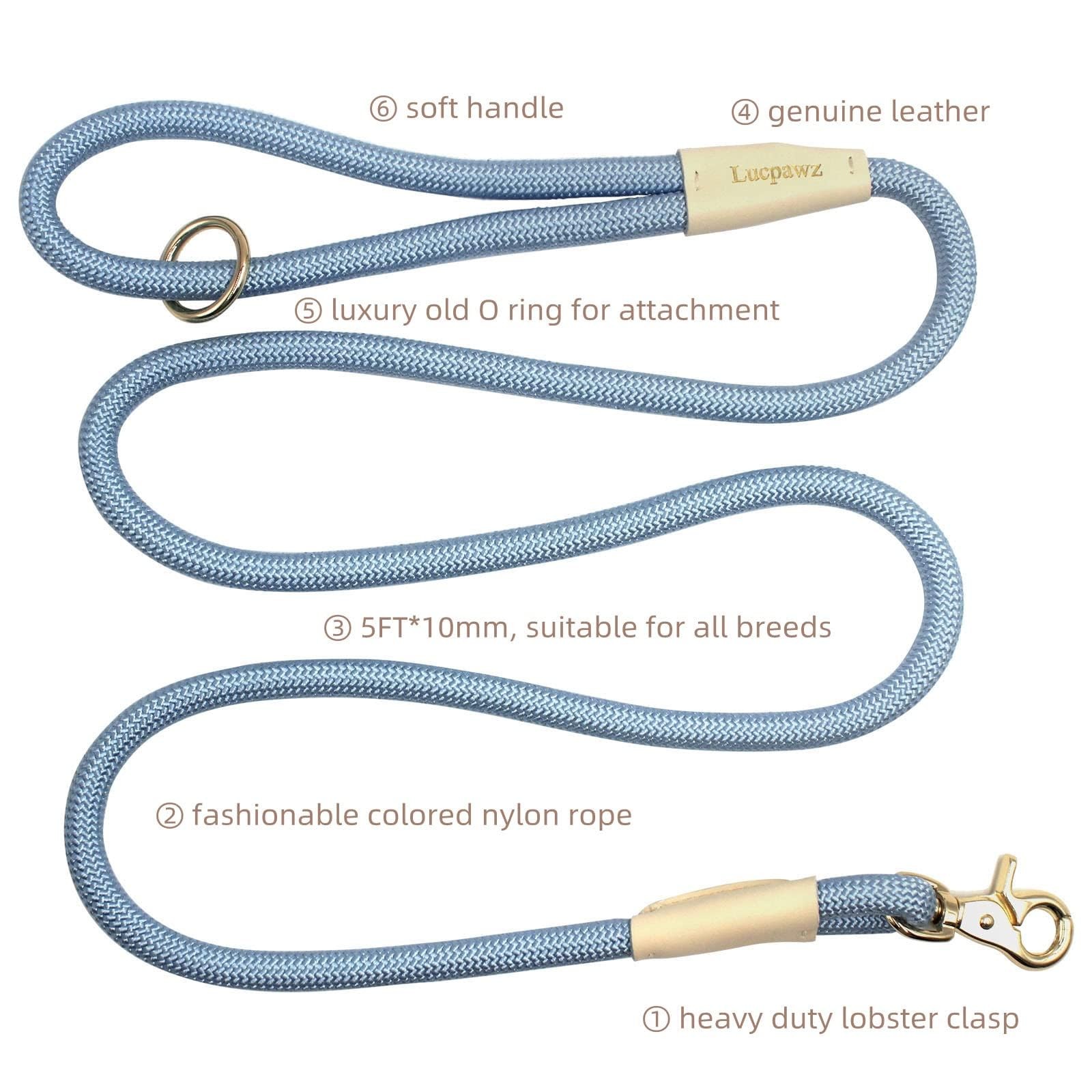 Lobster Snap Pet Leash 5FT Special Strong Nylon Rope Solid Color Grey 10mm