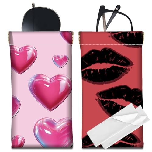 2Pcs 2 Styles Heart Glasses Case Portable Sunglasses Bag PU Heart and Lip