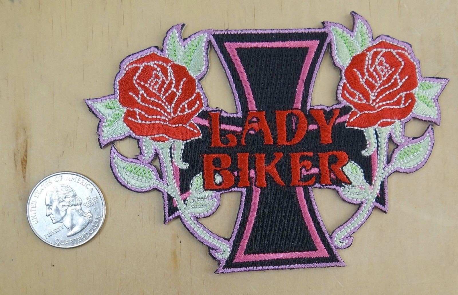 Lady Biker With 2 Roses & Maltese Cross Iron-On Embroidered Patch 4 5/8" X 3"