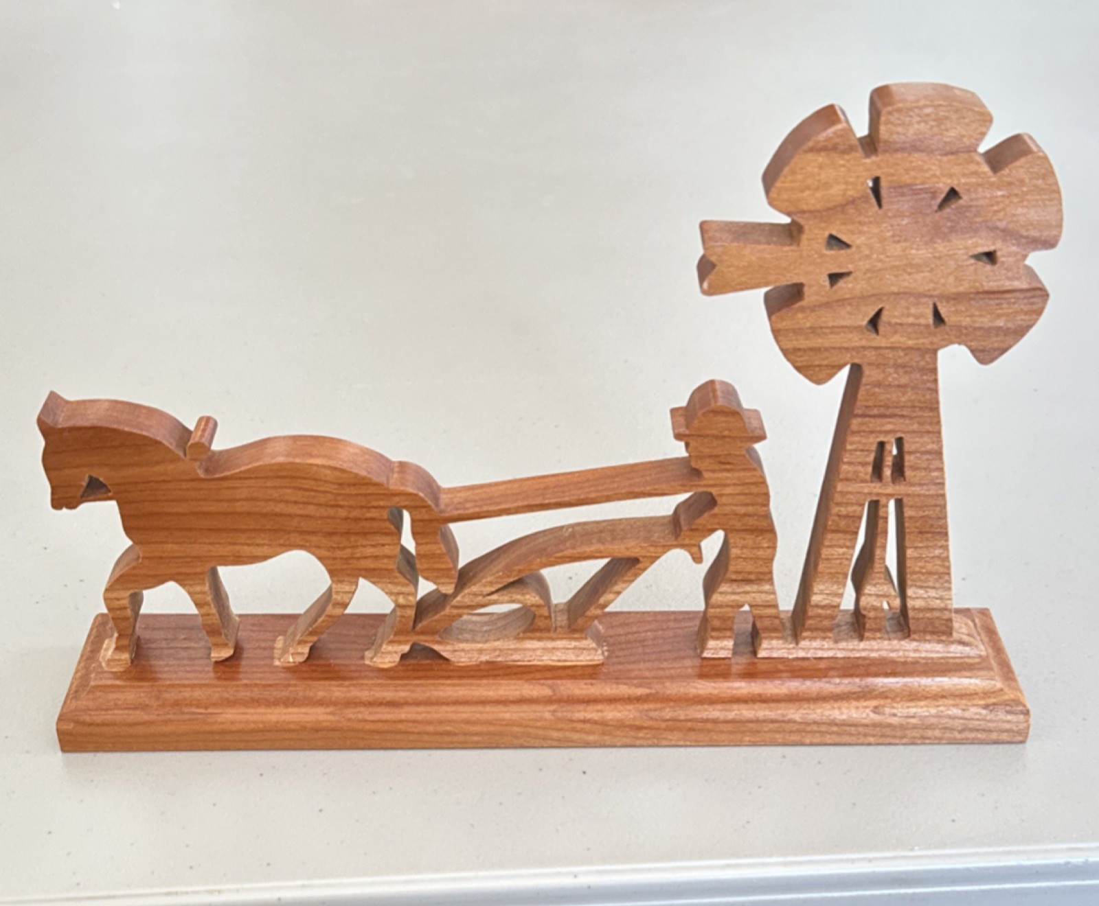 Wooden Farm Scene with Horse Drawn Plow and Wind Mill