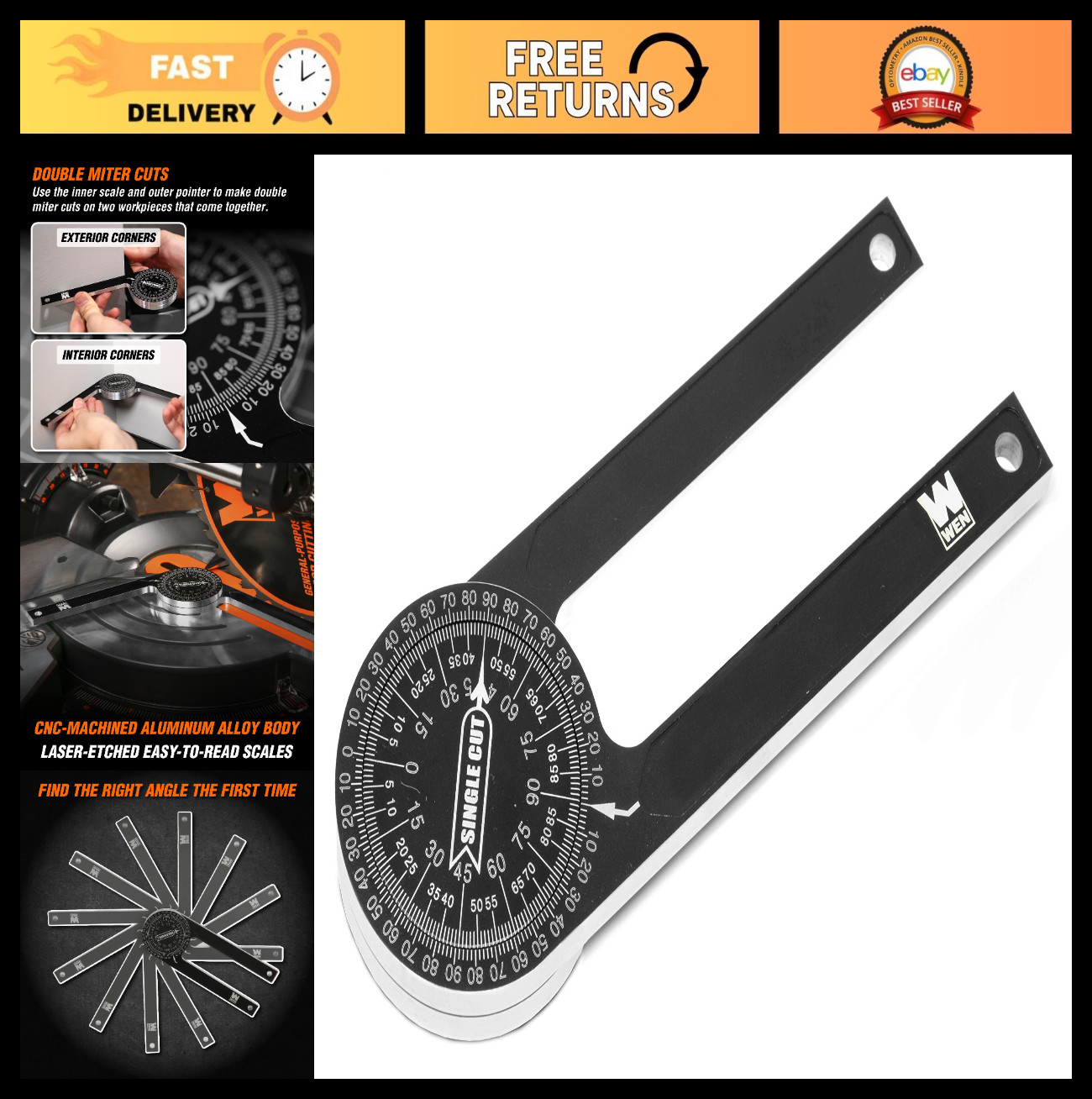 Precision Miter Saw Protractor - 7.25" Aluminum Alloy, Laser-Engraved Scale, Acc