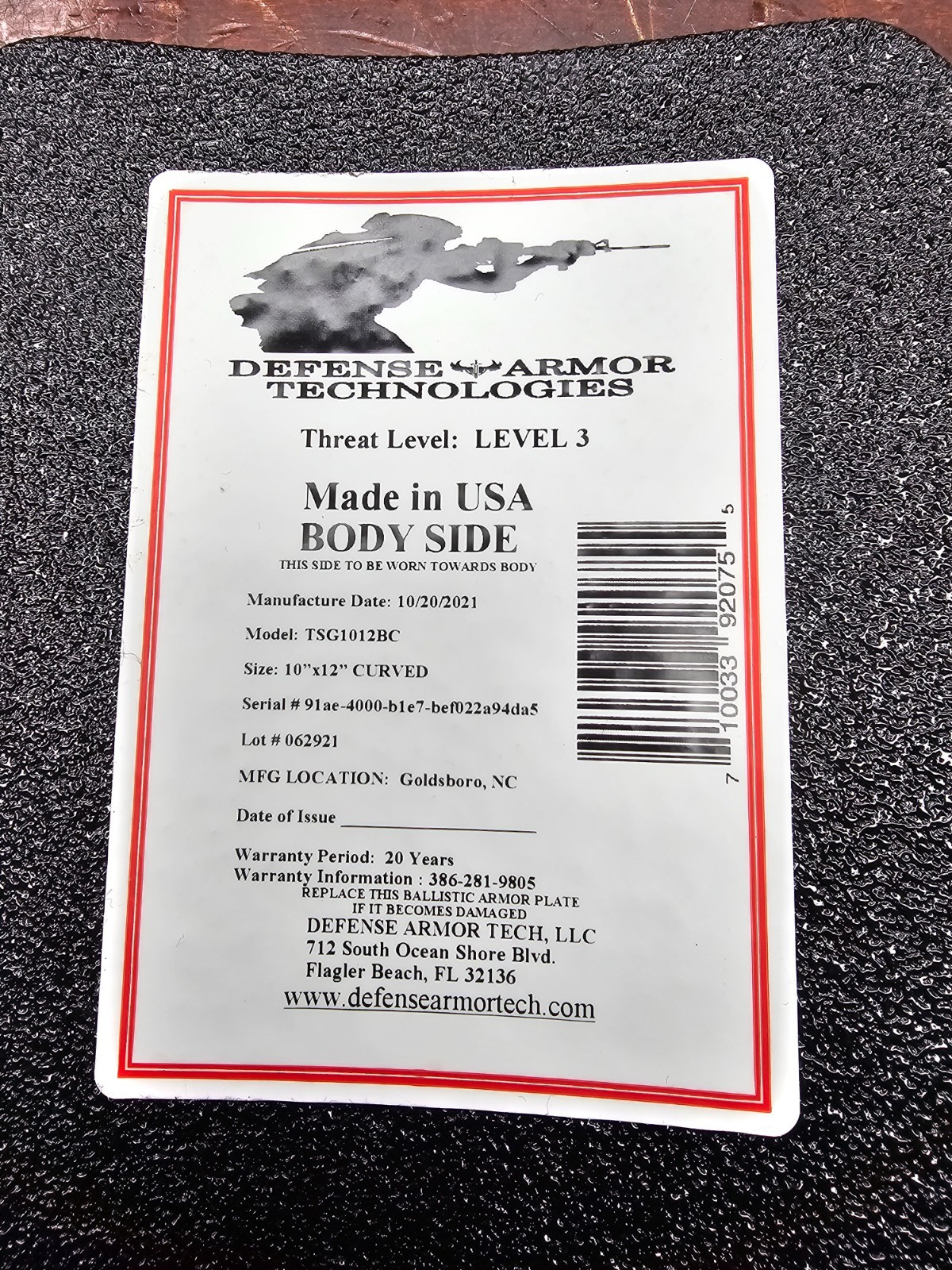 Defense Armor Technologies level 3 plates w/Carrier