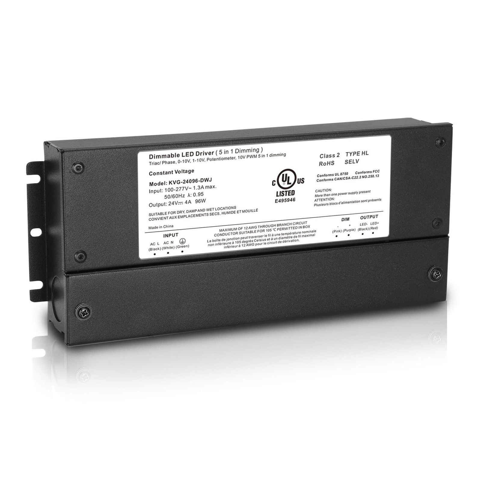 96W Dimmable LED Driver 24V, Triac Led Light Transformer Power Supply, Dimmab...