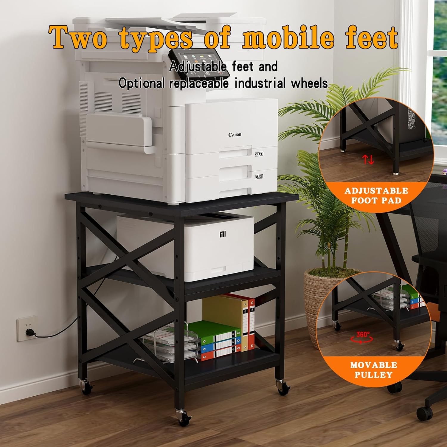Large Printer Stand with Power Outlet Height Adjustable Rolling Cart 3 Tier