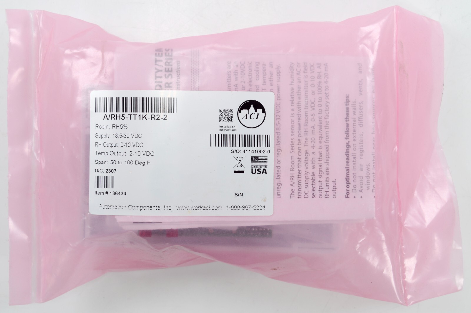 ACI A/RH5-TT1K-R2-2 Room Air Relative Humidity Sensor