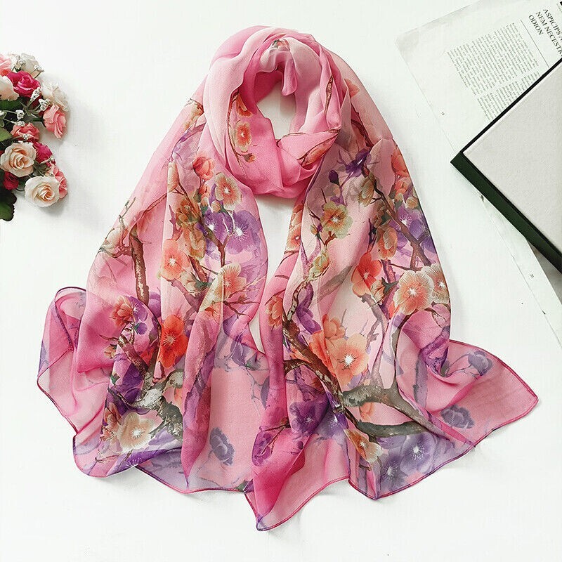 Pink Floral Fashion Scarf - Women's Chiffon Printed Silk Soft Fashion Wrap