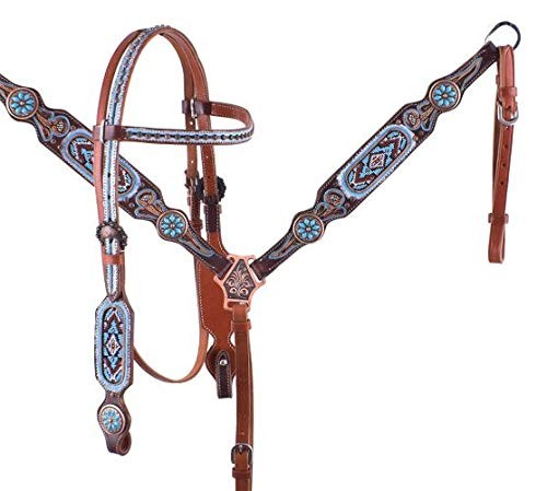 Showman Leather Headstall & Breast Collar Set-Light Blue & Burgundy Bead Design