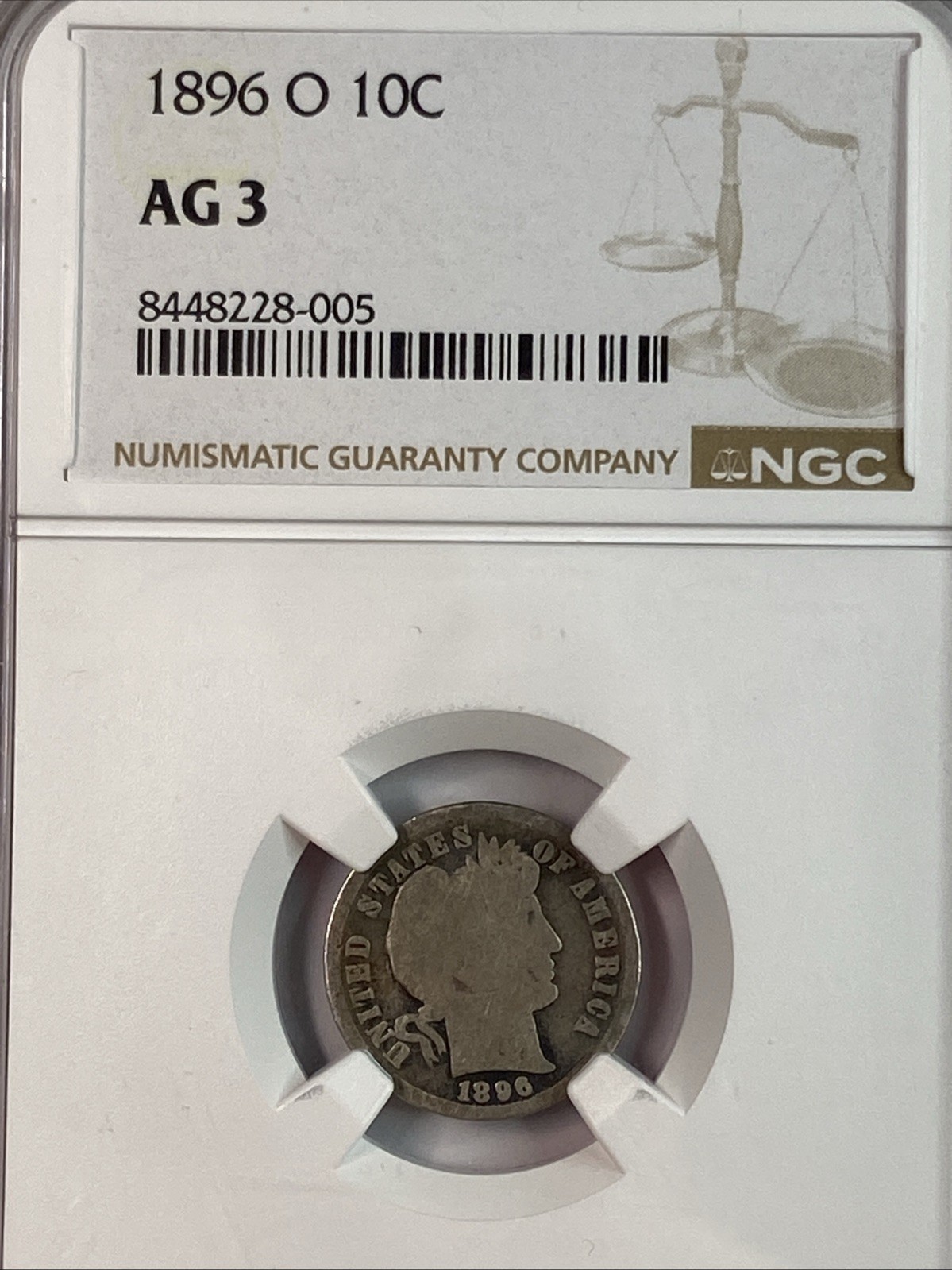 1896-O  10C BARBER SILVER DIME  NGC AG 3