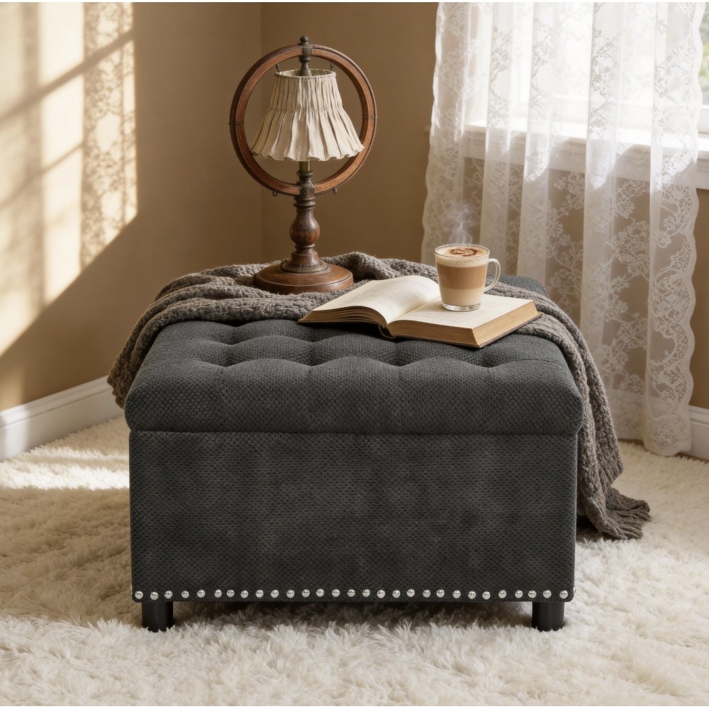 Storage Ottoman, Tufted Footstool, Nailhead Trim Ottoman, Square Storage Ottoman