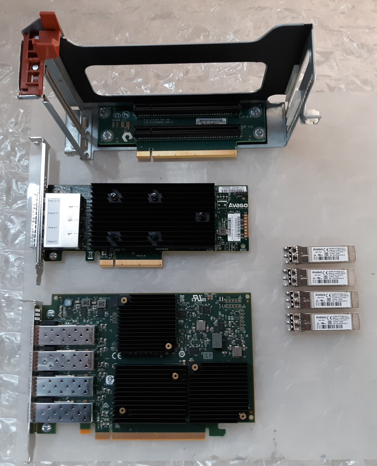Avago SAS9305-16E Controller + Emulex LPE31004-M6-SIO HBA w/ Riser + Cage + SFP