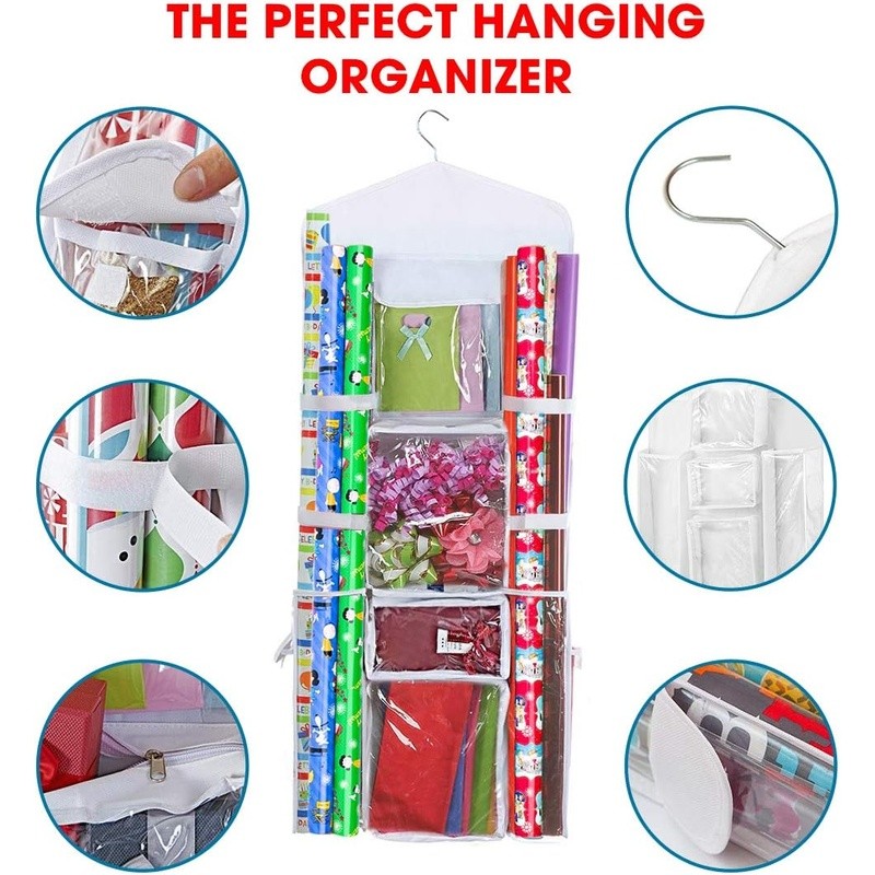 Hanging Closet Organizer Gift Wrapping Paper W/ Storage Compartments & Door Hook