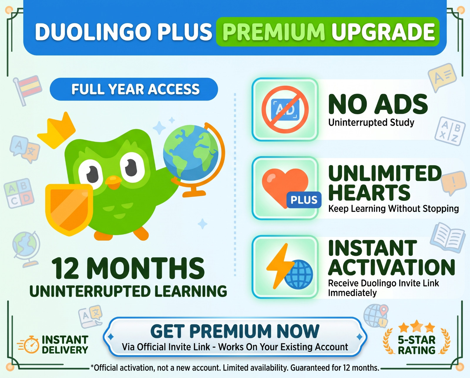Duolingo Plus 12 Months Premium | Unlimited Hearts Ad-Free | Instant Delivery🔥