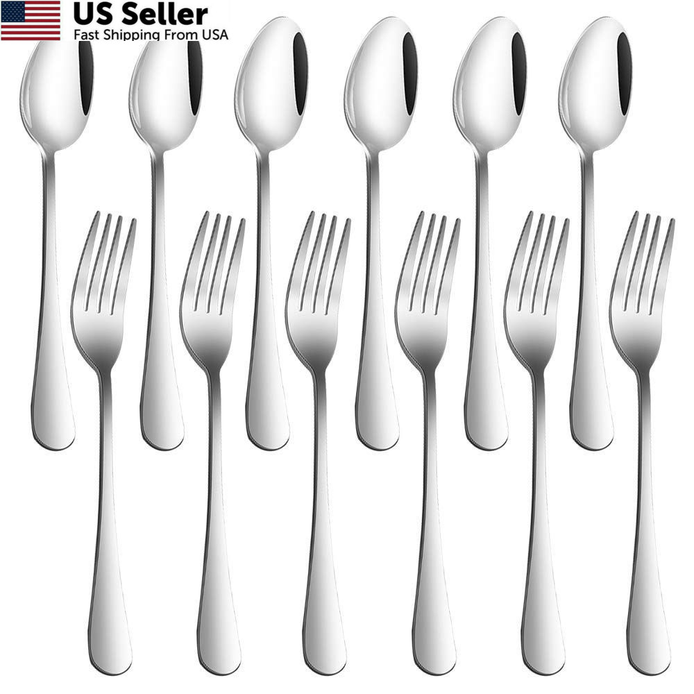 Set of 12, Stainless Steel Dinner Forks and Spoons, findTop S, Silver
