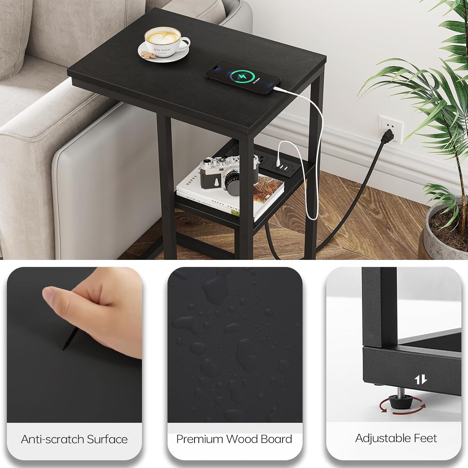 Vagusicc C Shaped End Table with Charging Station, Small Side for Black