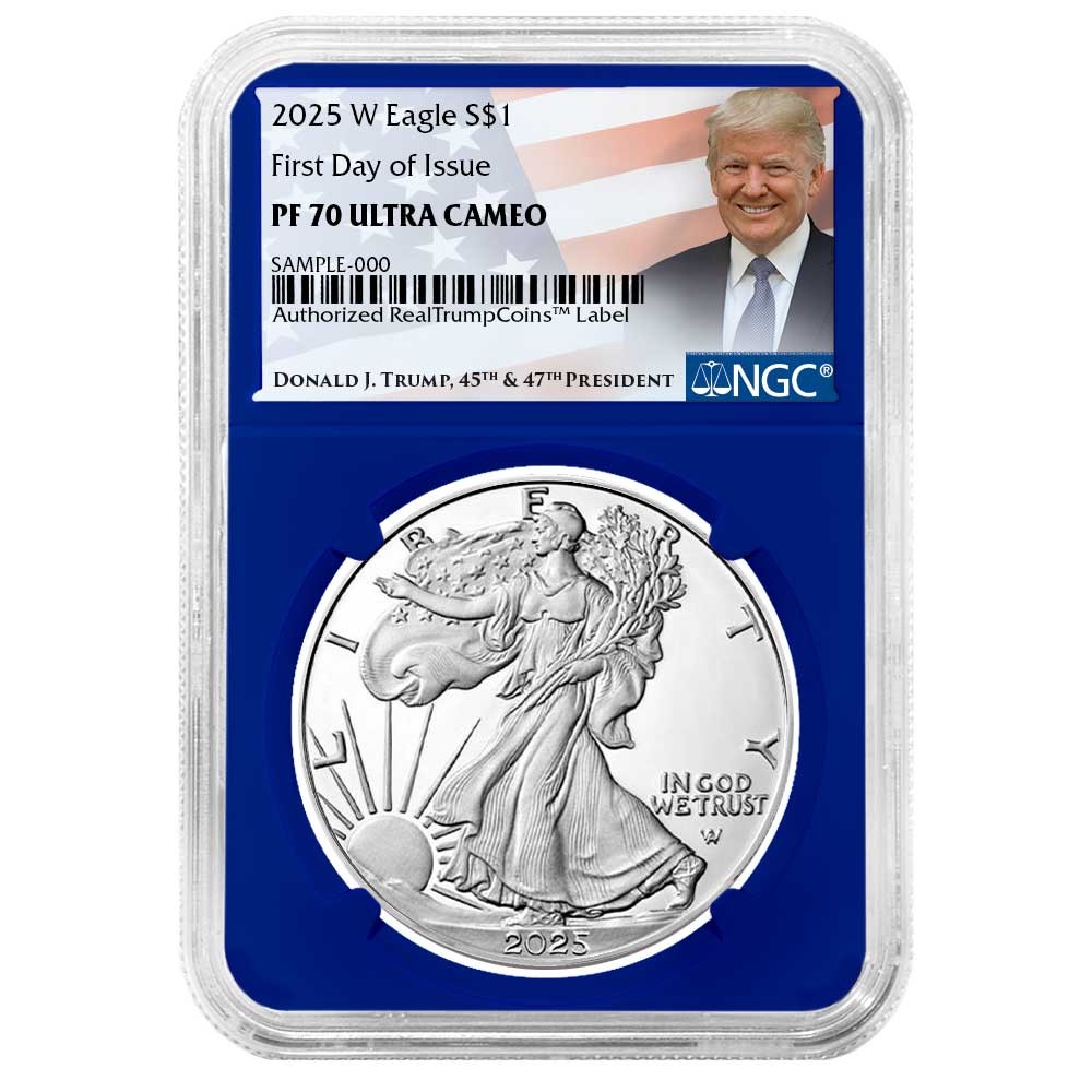 2025-W Proof $1 American Silver Eagle NGC PF70UC FDI Trump Label Blue Core