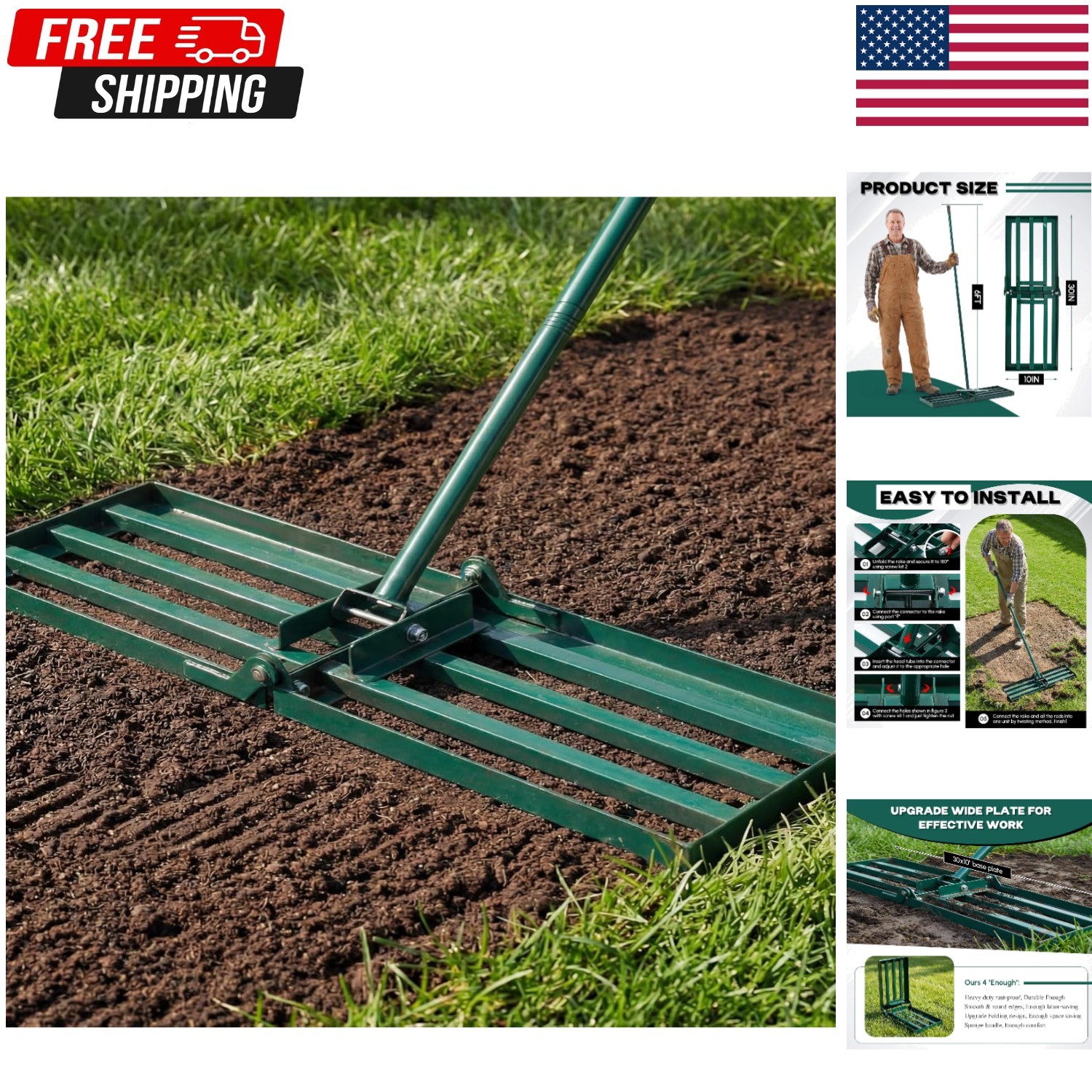 Adjustable 72" Lawn Leveling Rake with 30x10" Head - Perfect for All Terrains