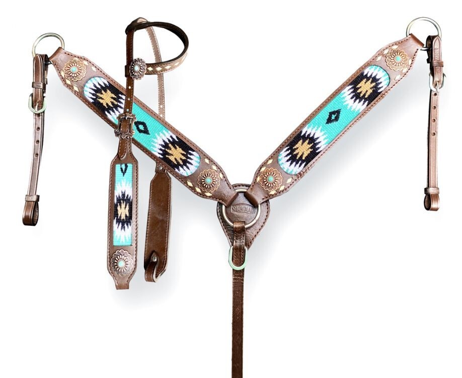 Southwest Blanket Inlay One Ear Headstall & Breast Collar SET & Reins NEW