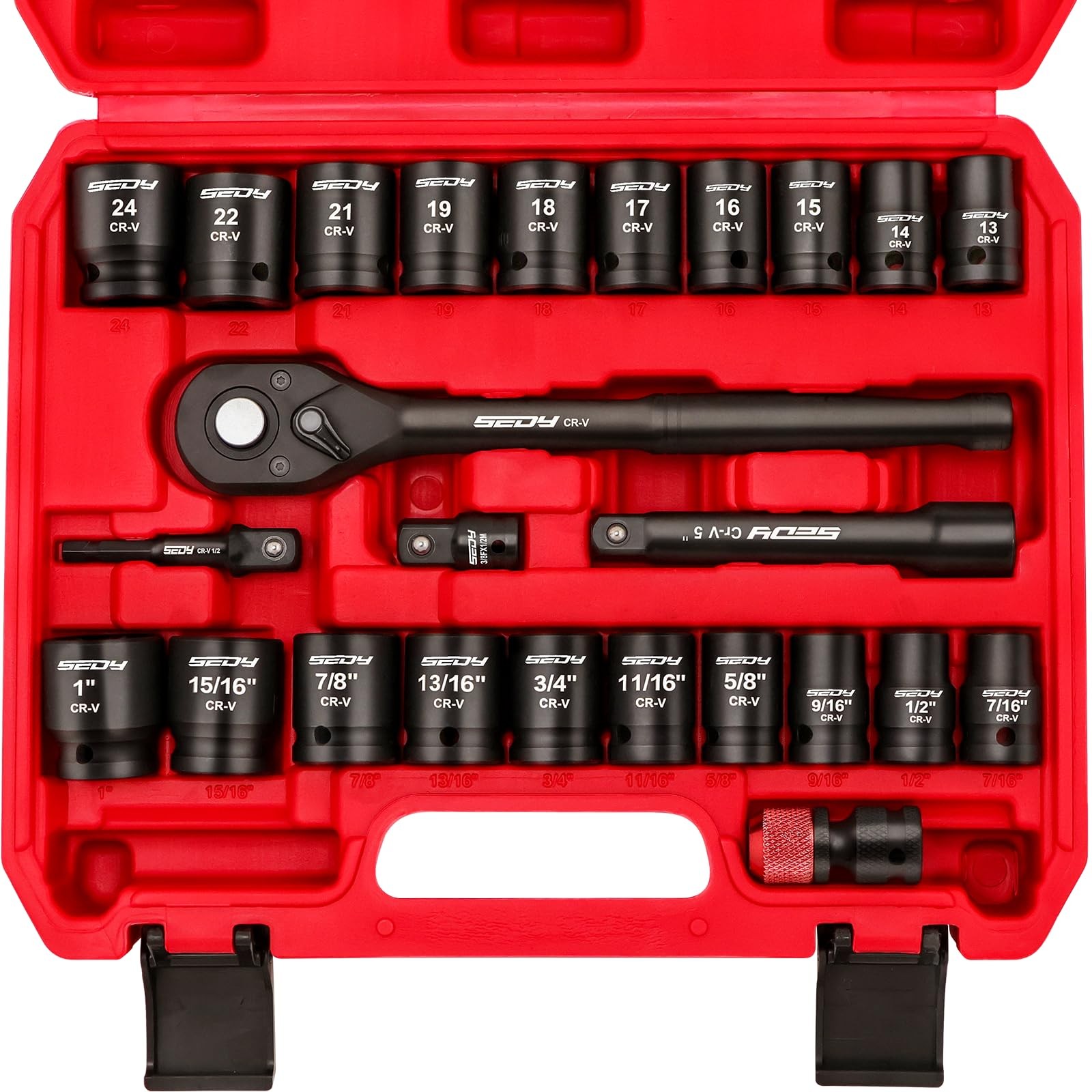 25-Piece 1/2'' Drive Impact Socket Wrench Set SAE & Metric Ratchet Tool Box.