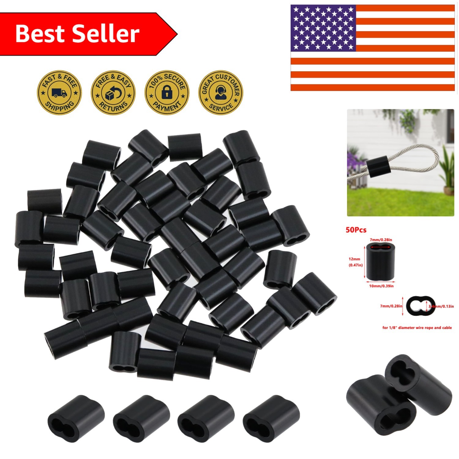 Durable 50PC Aluminum Crimp Sleeves for 1/8" Wire Cables - Easy Installation
